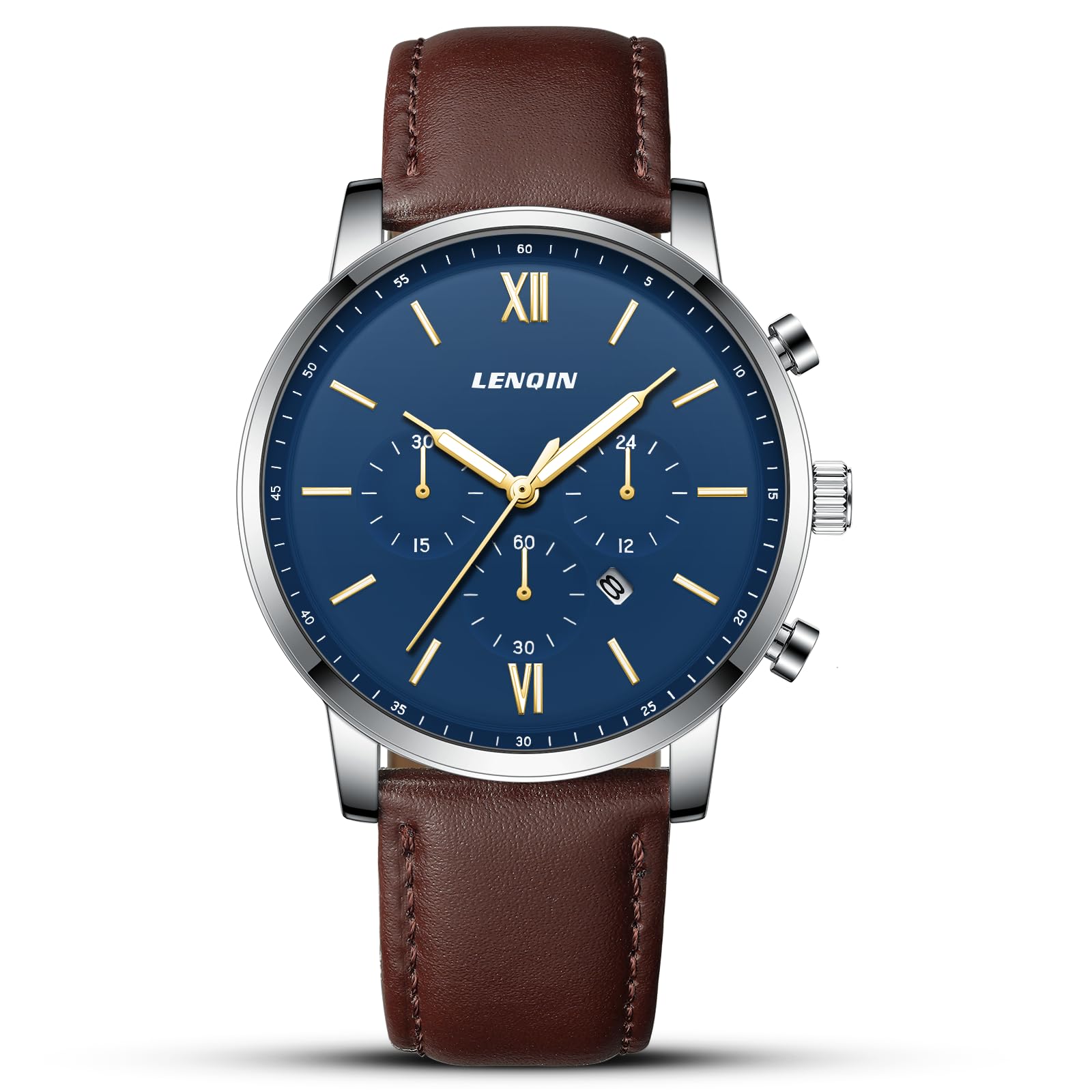 Ln Lenqin Mens Leather Strap Watches Analog Quartz Watch 