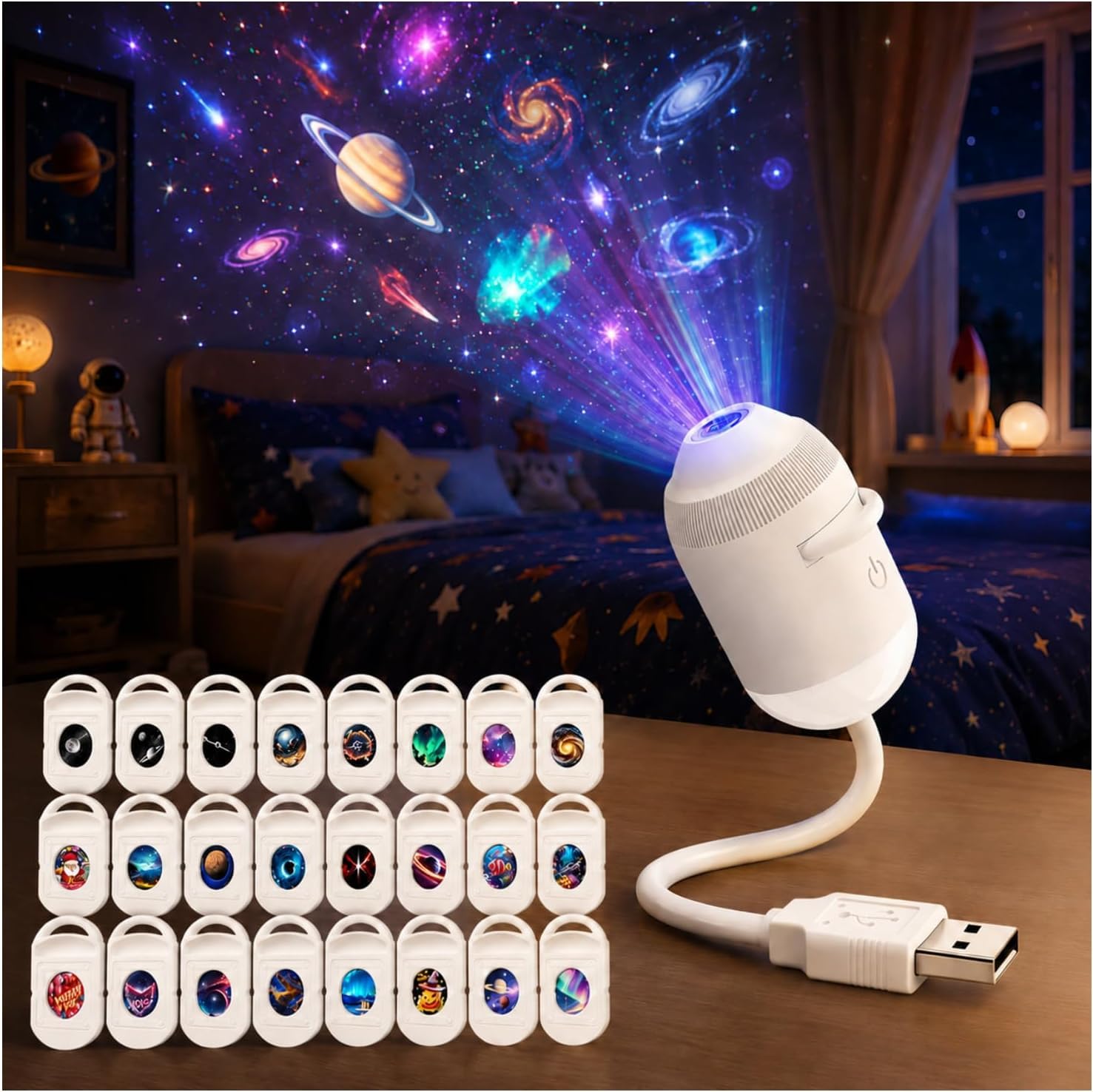 Galaxy Night Light Projector: 2-In-1 Ocean Projector Star Night Light Plug and Play Hd 5D Holographic Smart Dynamic Ceiling Lamp 360° USB (With 3-24 Films) for Bedroom Car Roof [Energy Class A+++]