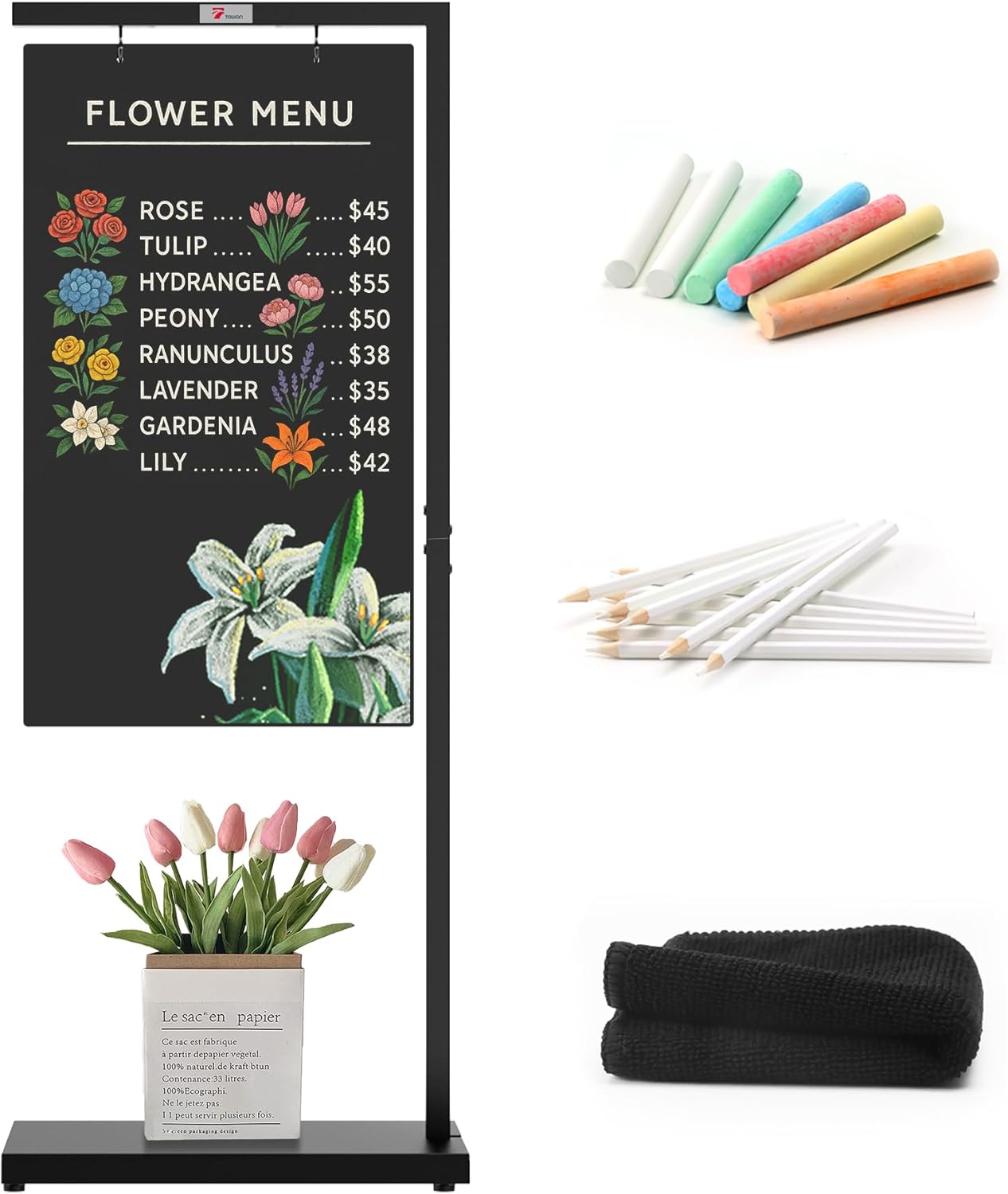 TOWON 20 x 47 Inch Large Chalkboard Sign, Hanging metal chalkboard signs with Metal Base, Pedestal Sandwich Board Sign for Café, Bar, Bistro, Florist, Wedding, Portable and Double-Sided Sidewalk Signs XL Pedestal Hanging