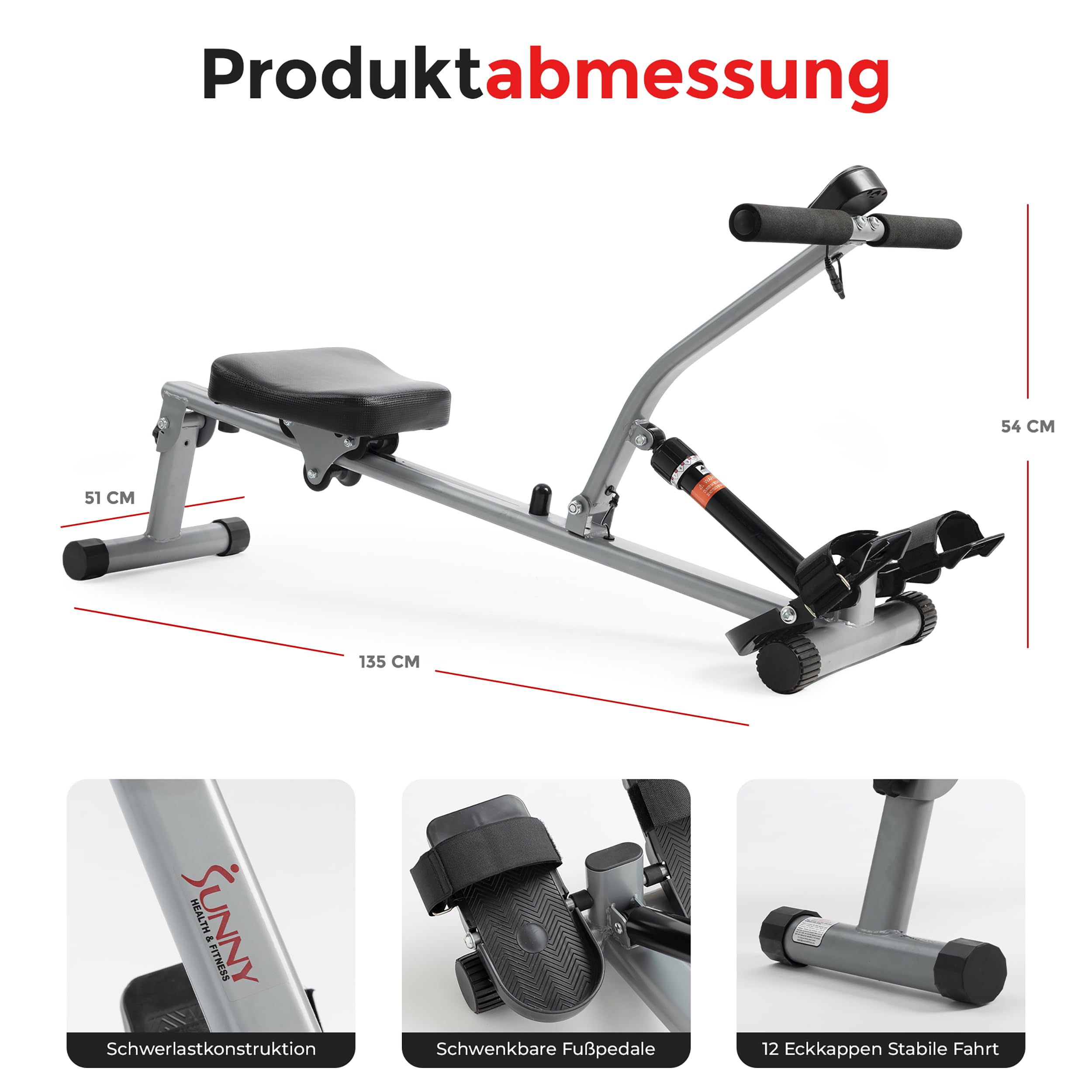 Sunny Health & Fitness Intelligentes Rudergerät, kompaktes, verstellbares Rudergerät mit 12 Widerstandsstufen für das Ganzkörpertraining