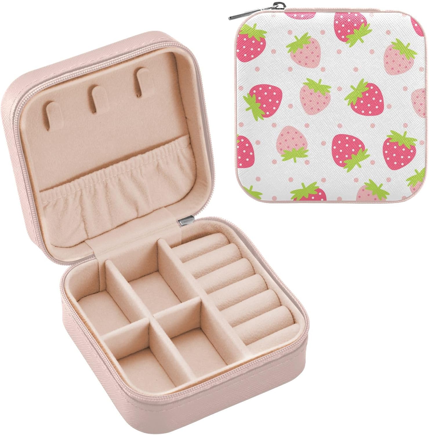 Kigai Kawaii Strawberry Small Jewelry Box Mini Jewelry Organizer Travel Case for Girls Women Gift Portable Jewelry Storage Holder for Rings Earrings Necklace Bracelet (Pink) - Image 2