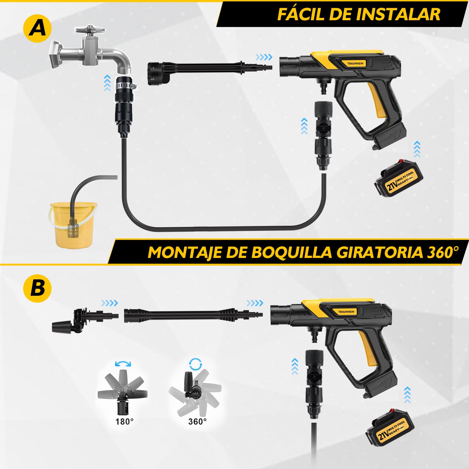 Limpiador de alta presión inalámbrico Traumheim 21V 68Bar – 2 baterías de 4000mAh, juego de 17 piezas, limpiador portátil para auto, terraza y jardín