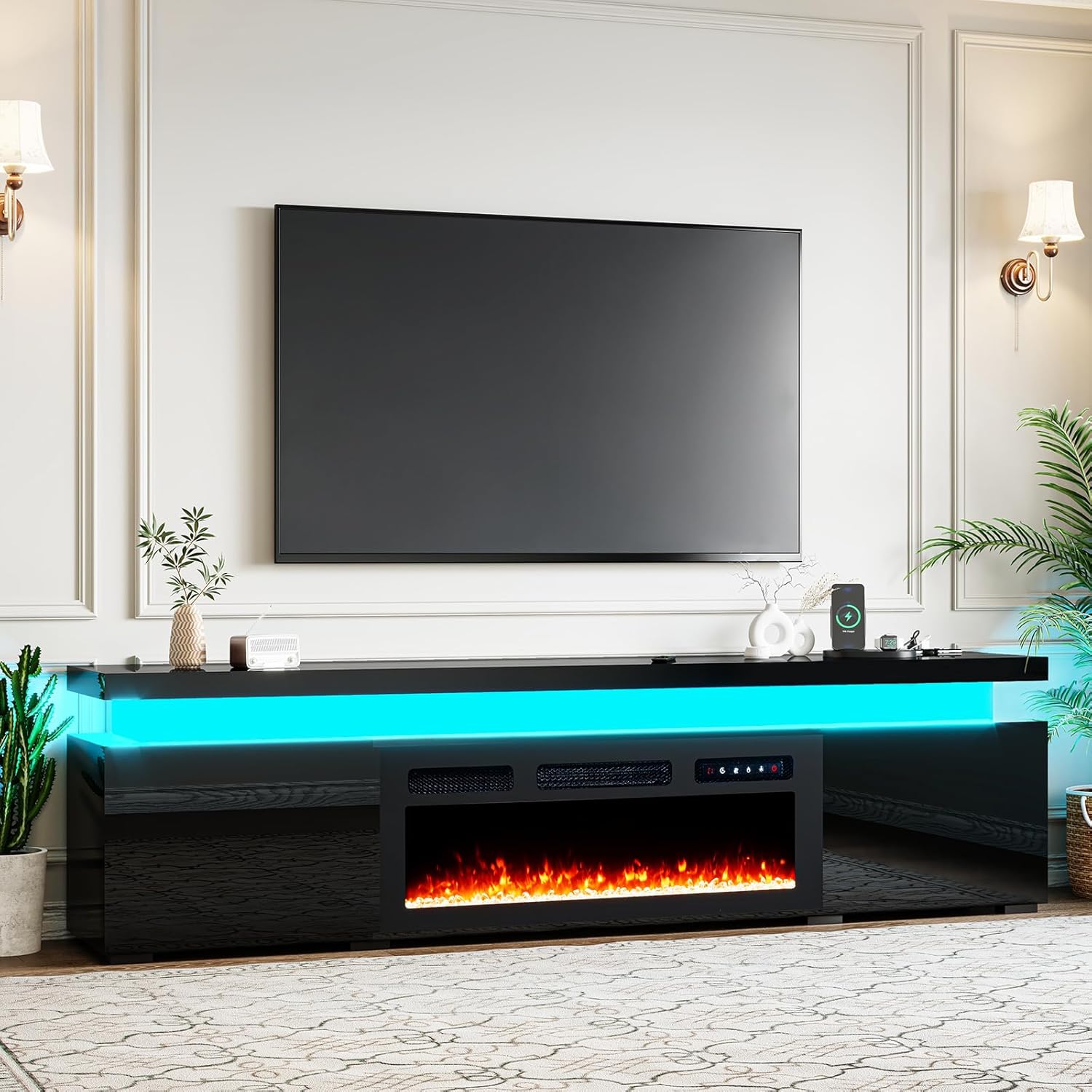 87.4" Fireplace TV Stand for 90 Inch TVs, 40 Inch Electric Fireplace, LED High Gloss Modern Media Entertainment Center Console Table w/Power Outlet, Black