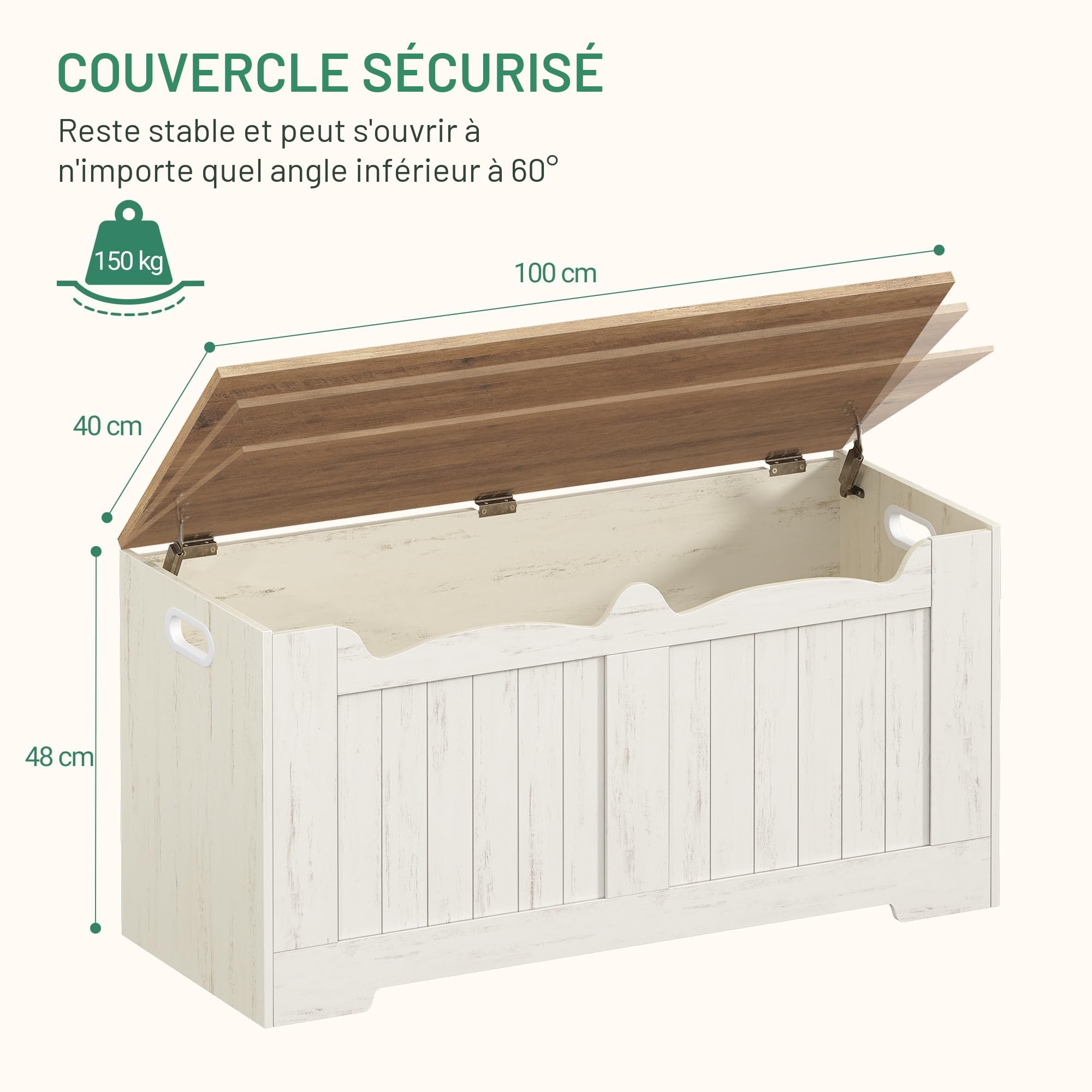 Hzuaneri Coffre de Rangement, Banc de Rangement, Blanc Marron | 2 Charnières Stables, 40 x 100 x 48 cm, pour Entrée, Chambre, Salon, SB01014B