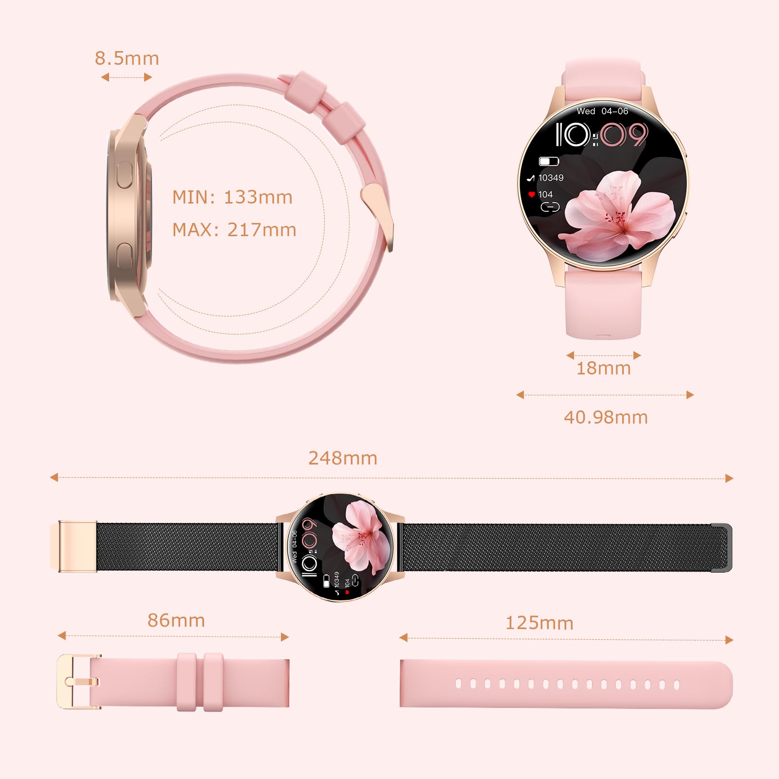 SLOKSFil Reloj Inteligente Mujer, 1.27" TFT con Llamadas Bluetooth Smartwatch Mujer, Ciclo Femenino, 24H Pulsometro, Monitor de sueño, 100+ Deportes, IP68 Waterproof, para Android/iOS (Negro Oro)