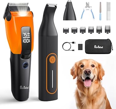 PAPMINI Dog & Cat Grooming Kit for Thick Coats, Heavy Duty Rechargeable Trimmer with LED Display & Storage Bag Orange, 2 in 1