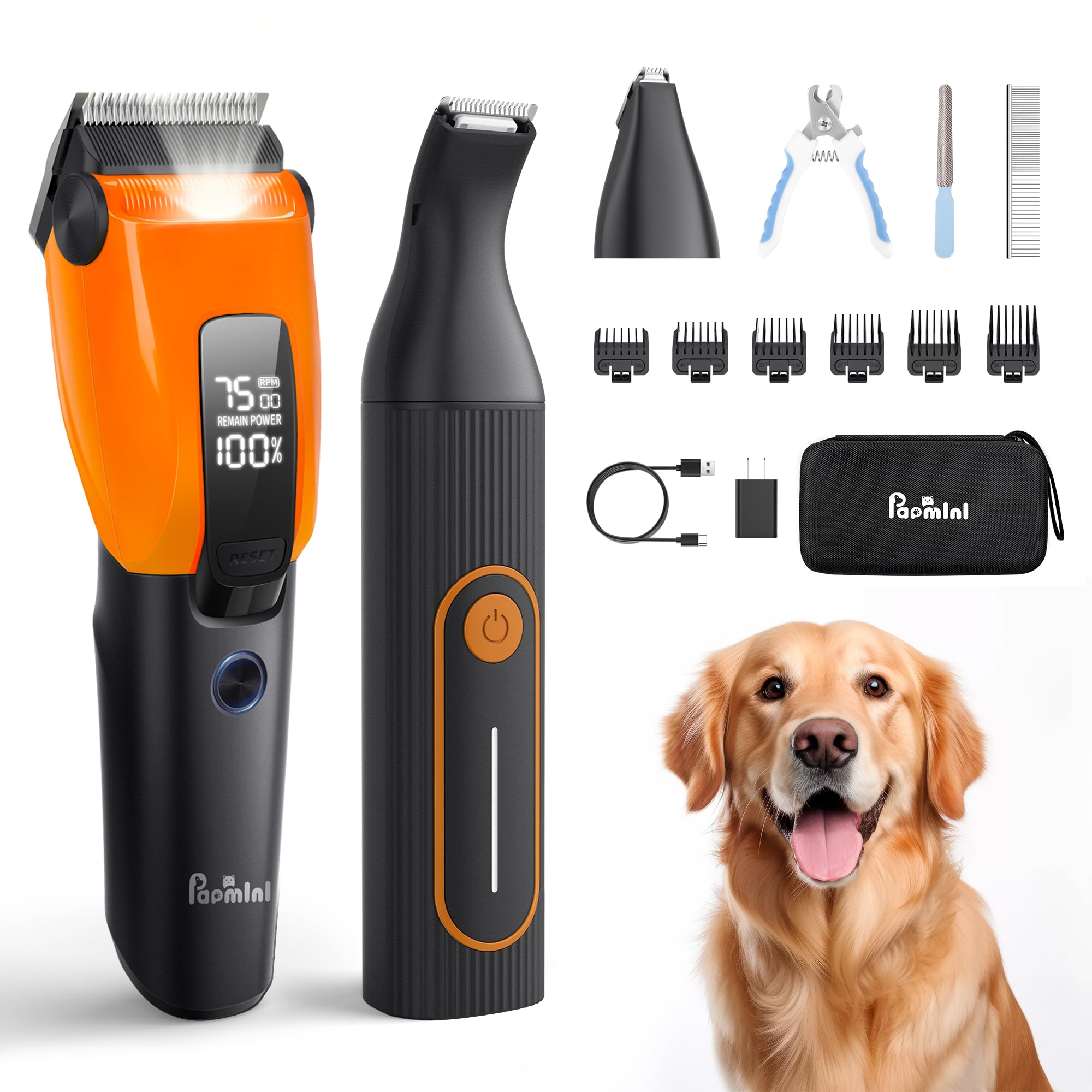 Dog & Cat Grooming Kit for Thick Coats, Heavy Duty Rechargeable Trimmer with LED Display & Storage Bag (Orange, 2 in 1)