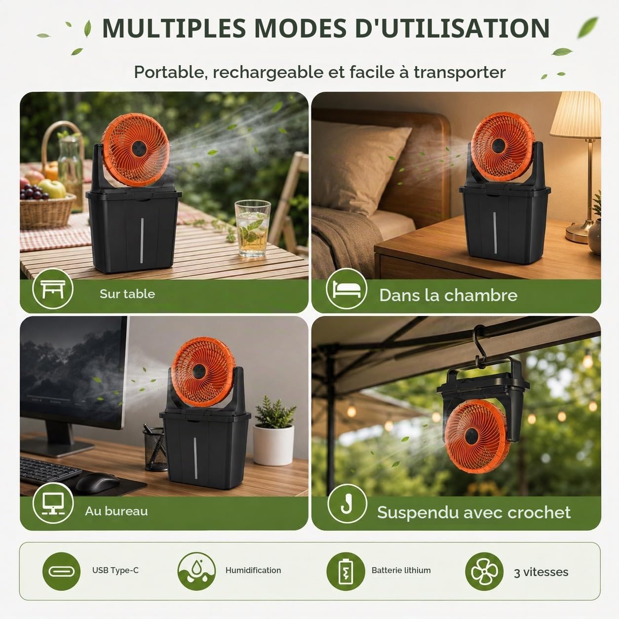 Ventilateur brumisateur rechargeable 10 W, réservoir de 9 L, 3 vitesses et 3 niveaux de brumisation, batterie rechargeable 16 000 mAh, USB-C, idéal pour la terrasse, le camping et la maison.