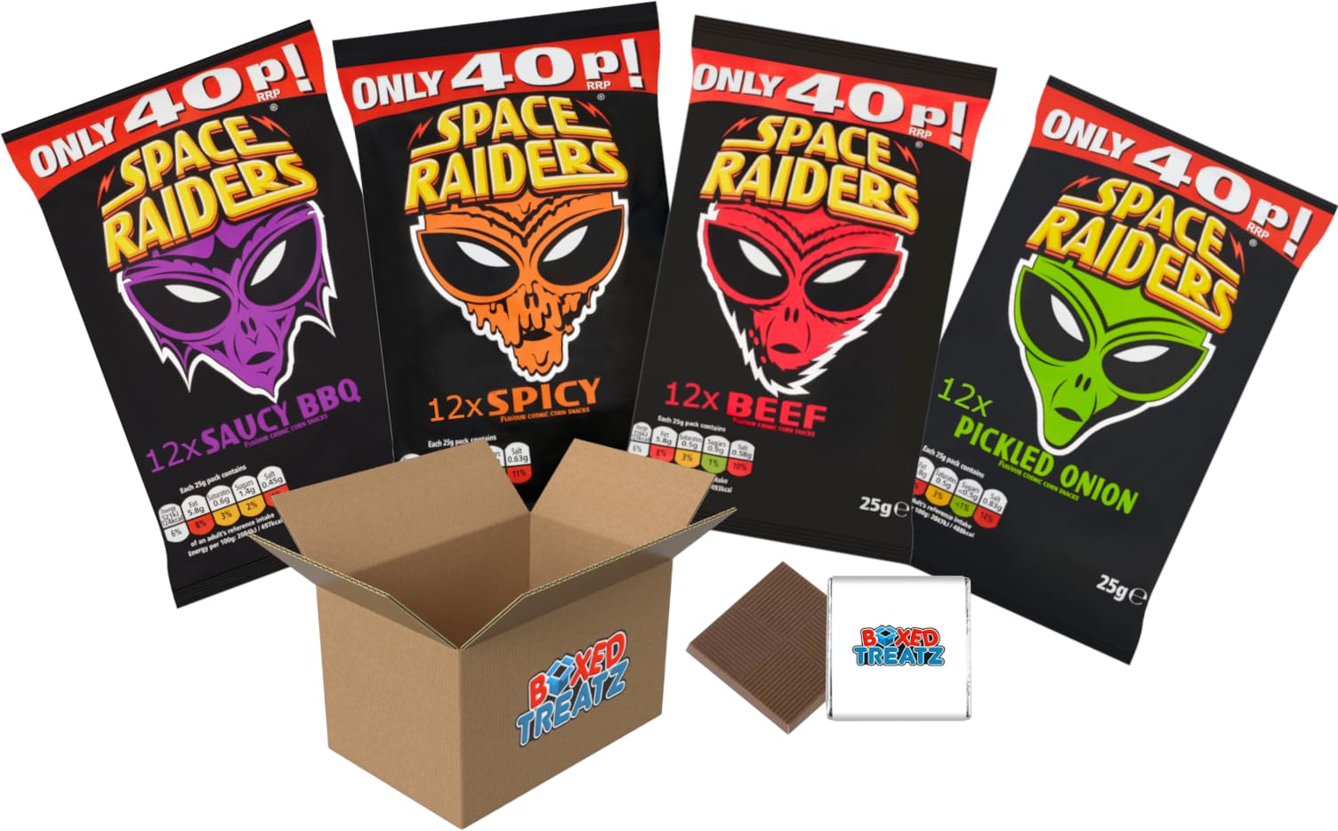Space Raiders Bundle Of (48x25g) Beef, Spicy, Saucy BBQ & Pickled Onions 12Pcs EACH - Price Marked Boxed Treatz