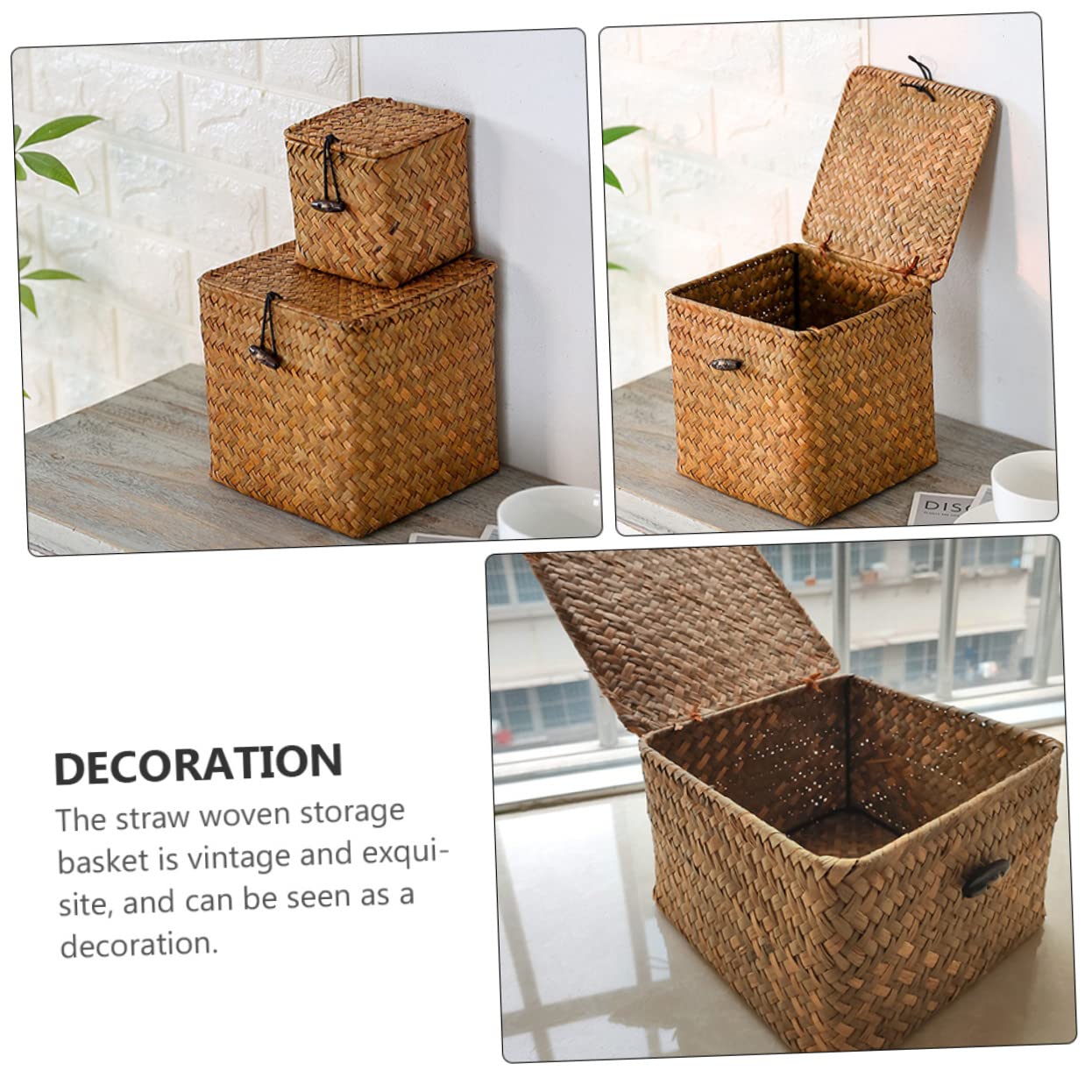Panier de Rangement Tressé en Paille 3 Pièces, Khaki, Vintage