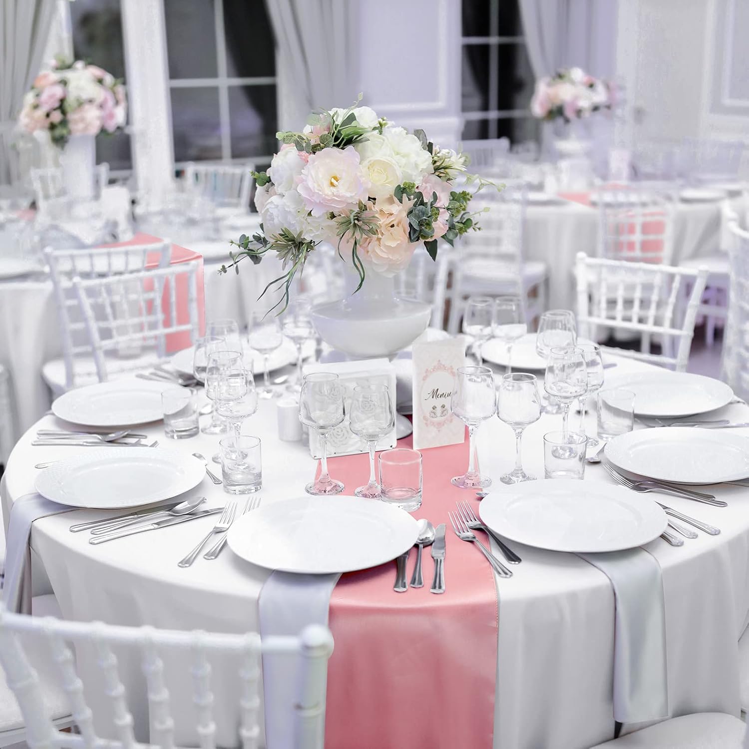 Queekay 24 Pcs 84'' Round Plastic Tablecloth 12 x 108'' Satin Table Runners Set White Plastic Table Covers Round Waterproof Cloths for Wedding Party Decor Baby Shower Birthday(Rose Gold)