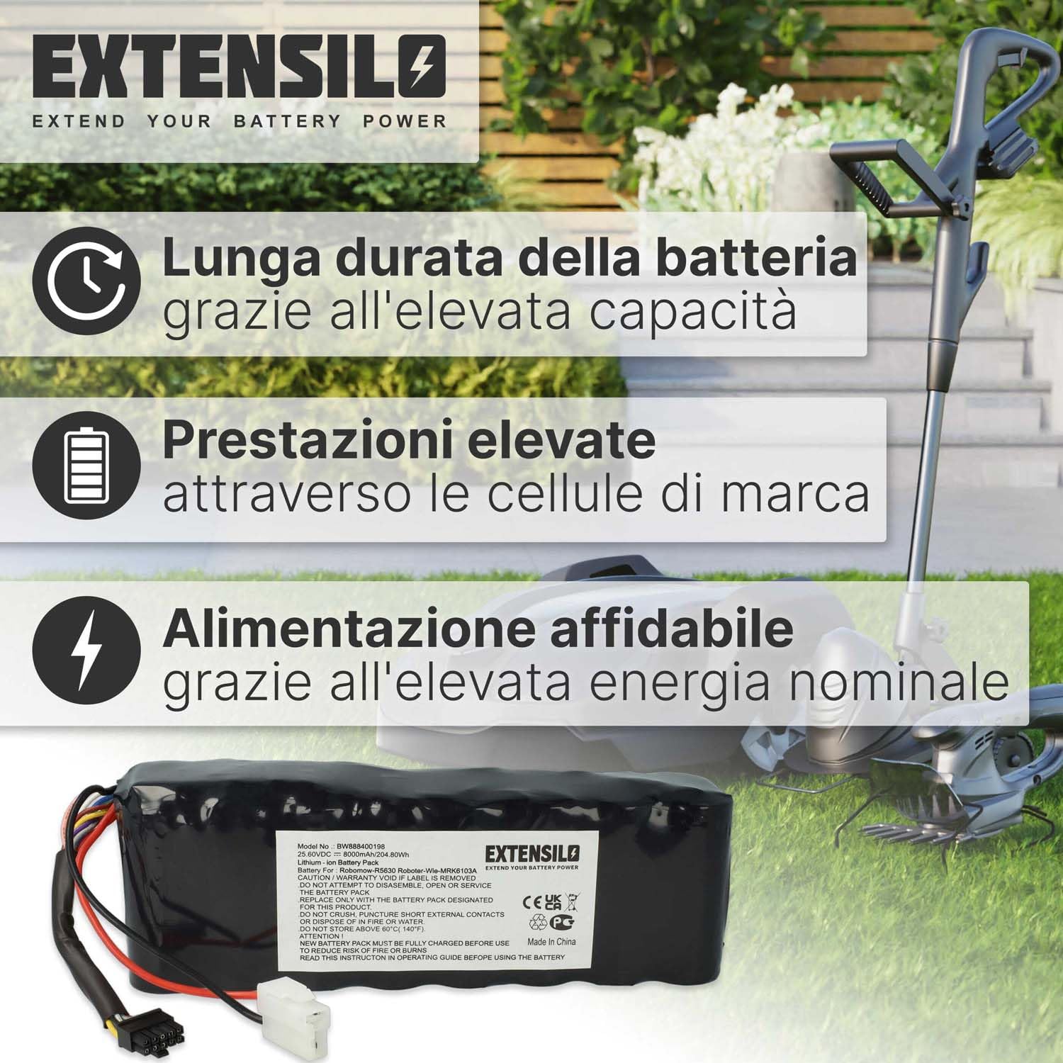 batteria compatibile con Robomow RS625, RS622, RS622 Pro, RS622U, RS615 Pro, RS615U tagliaerba, robot tagliaerba (8000mAh, 25,6V, Li-Ion)