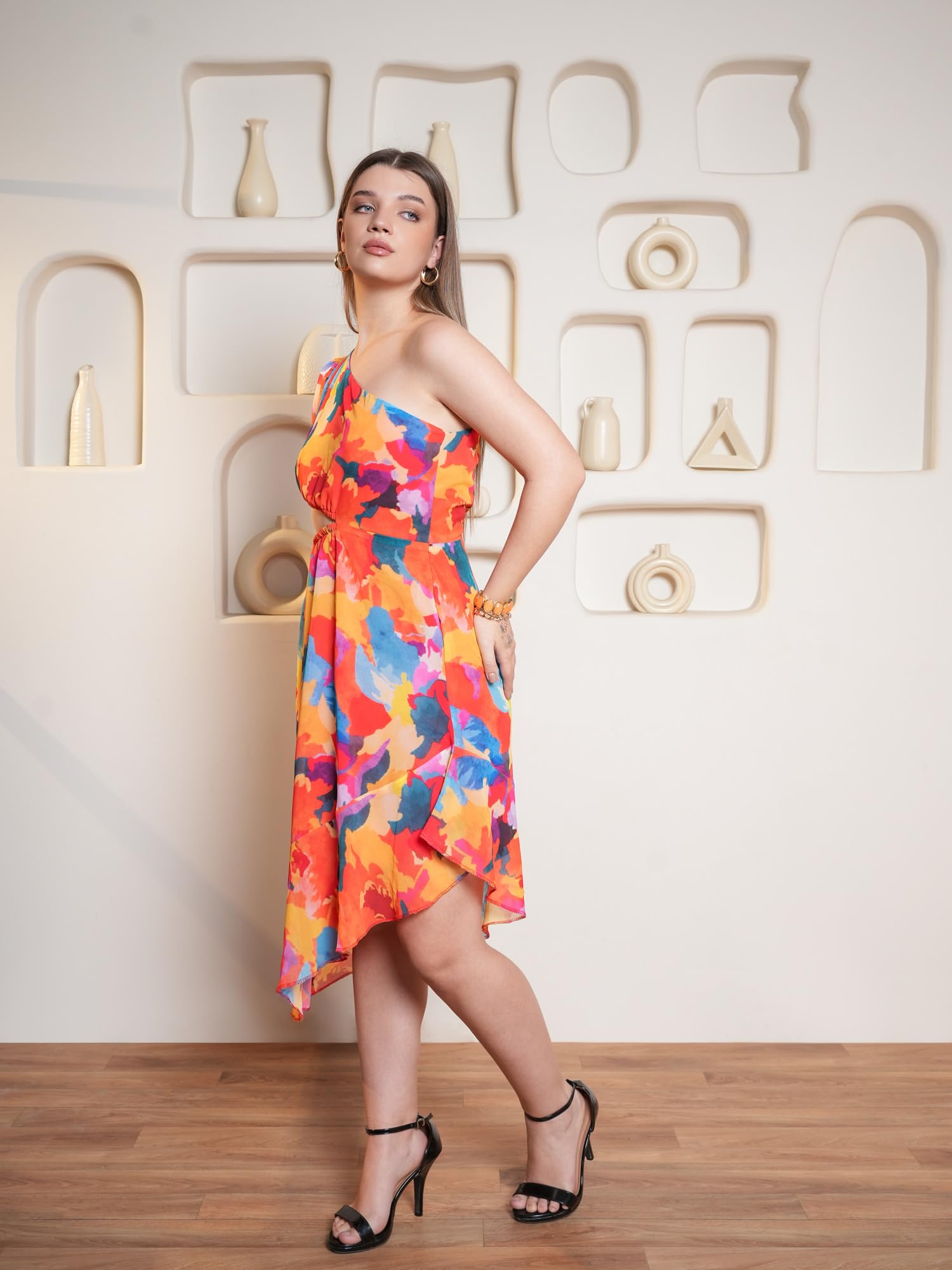 Purvaja Womens One Shoulder Below Knee Length Dress (Floe-032_Orange_Medium)