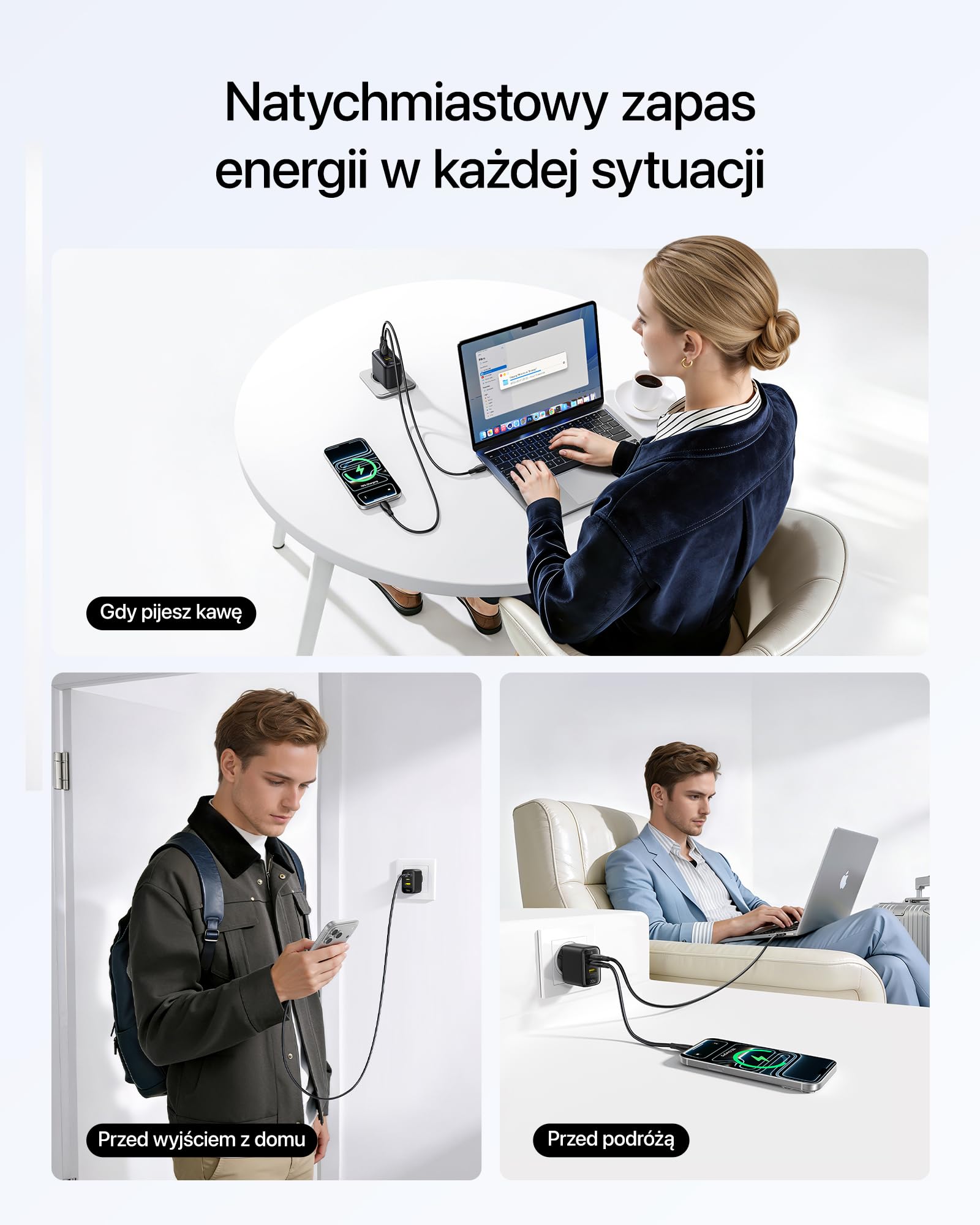 Baseus Enerfill Ładowarka USB C 70W, 3-portowa ładowarka GaN6 z szybkim ładowaniem, kompaktowa ładowarka do MacBook Air, iPhone 17/16/15 Pro Max, iPad Pro, Galaxy S25/S24, Pixel, laptopa i innych