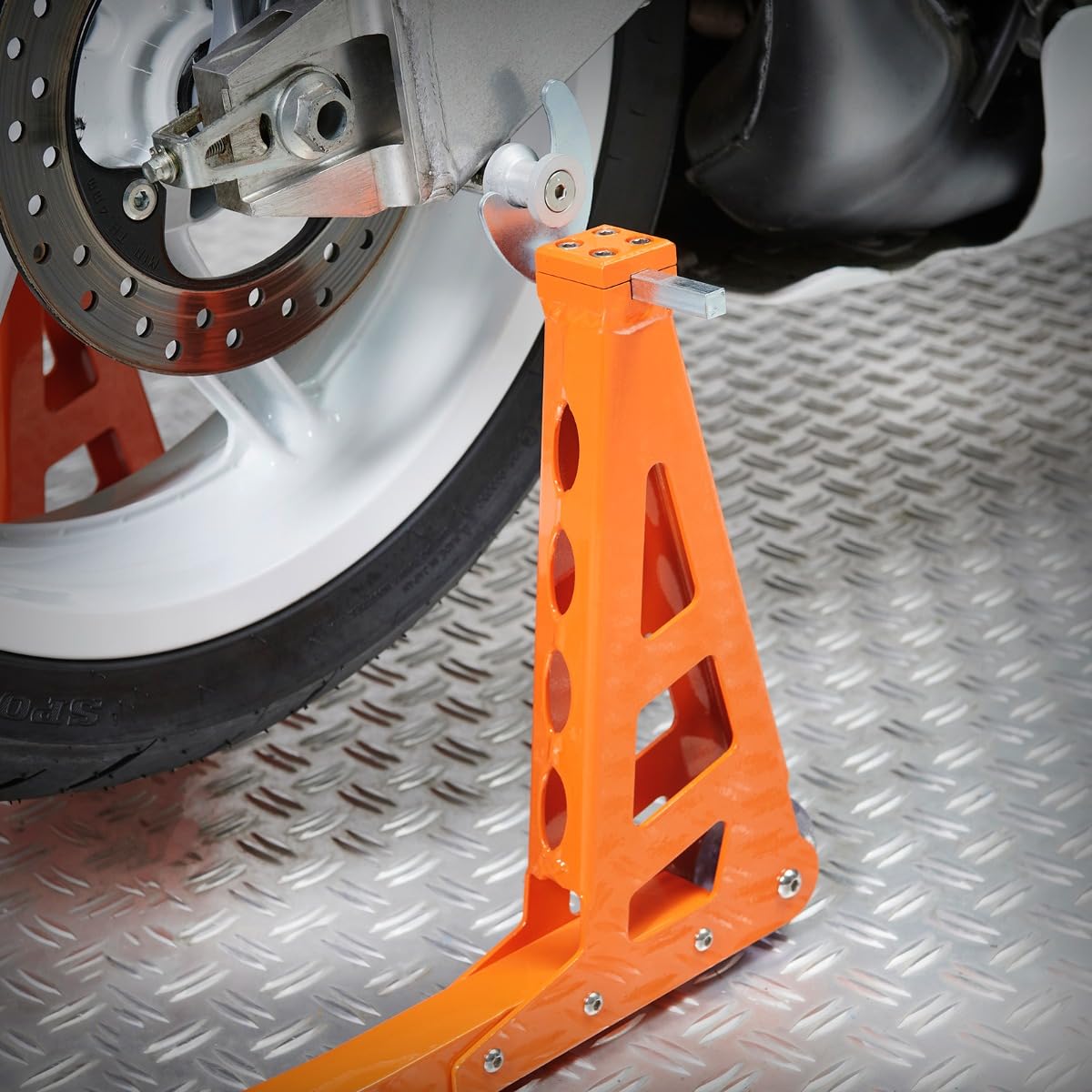 Motorrad Ständer Hinterrad Montageständer MotoGP - Orange - Aluminium 3 kg, Hebekapazität 250 kg, Verstellbar 24–36 cm, Kompatibel mit Bobbins M6 M8 M10 M12