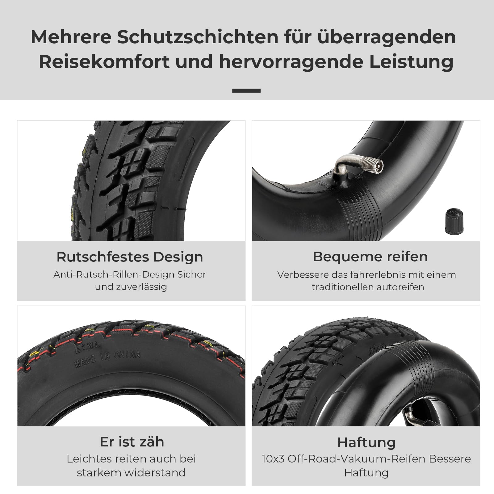 2x Reifen 10x3.0 255x80 Street / Offroad Reifen + Schlauch 10 Zoll