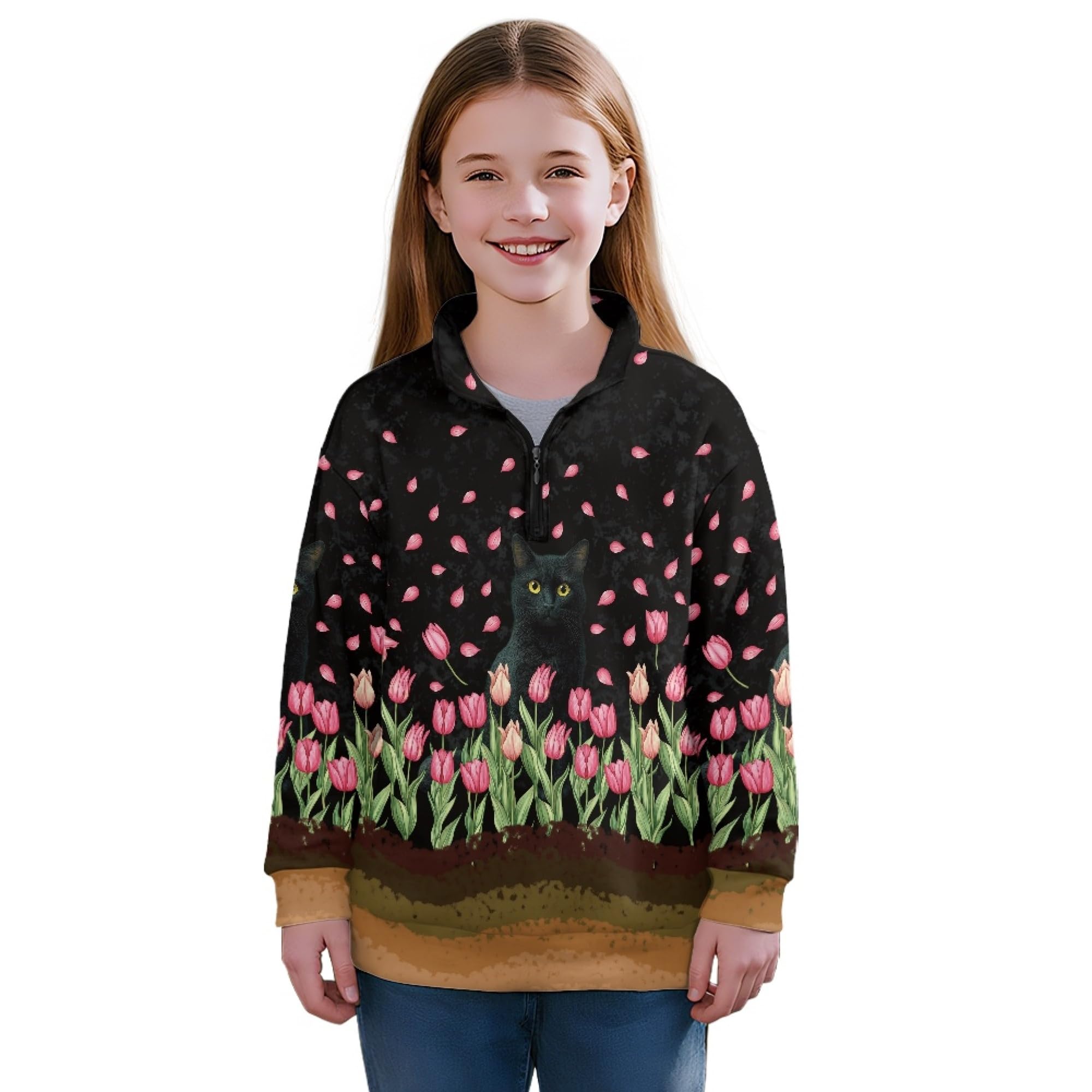AmzPrint Girls Graphic Quarter Zip Coat Long Sleeve Lightweight Oversized Athletic Running Hoodies For Kids Teen Girls