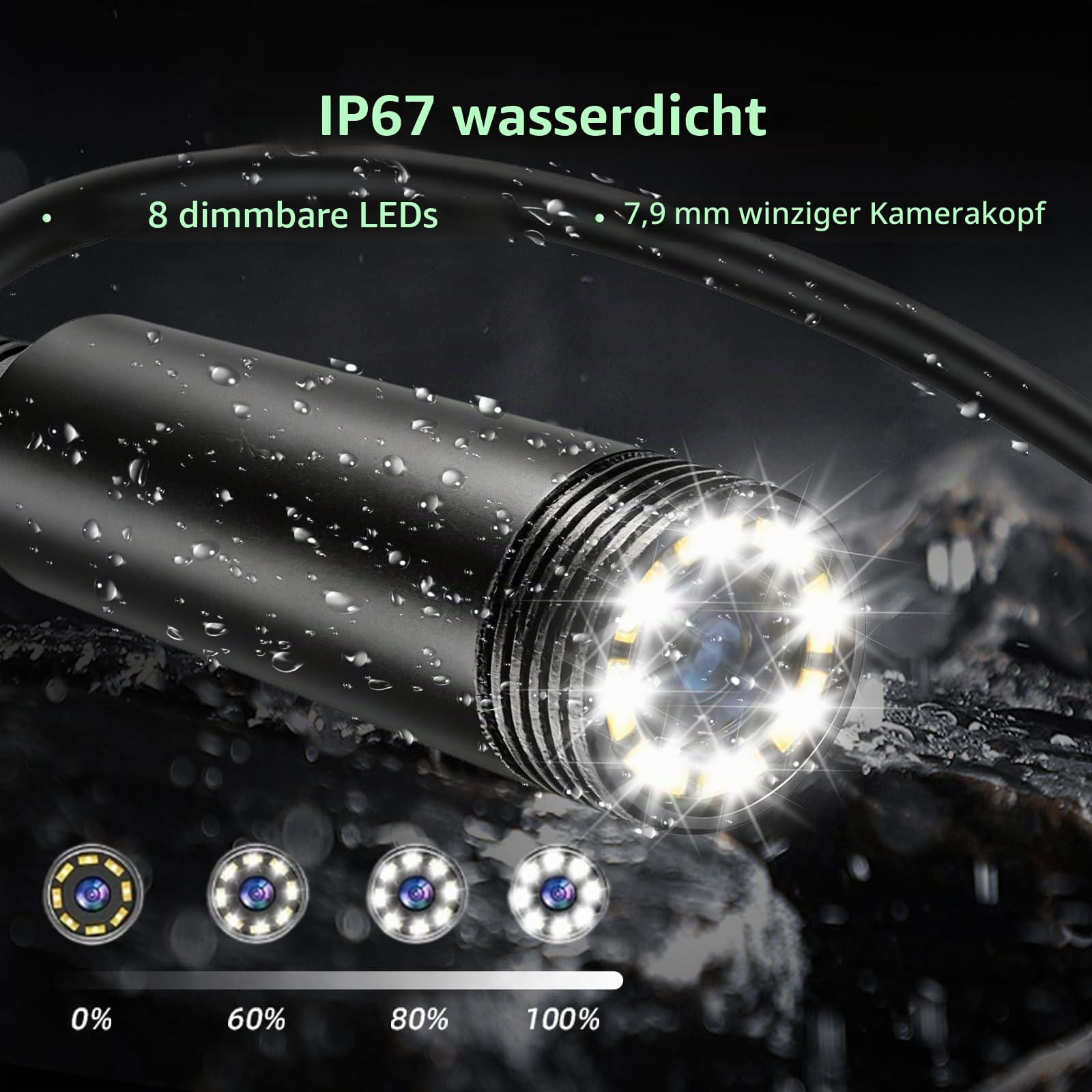 Endoskopkamera mit Licht, 4.3-Zoll-IPS- Bildschirm, 7.9mm IP67 wasserdichte Inspektionskamera mit verbessertem Smart-Chip für Autoreparatur, Lüftungsrohre, Kanalinspektion, 2m Semi-Rigid Kabel