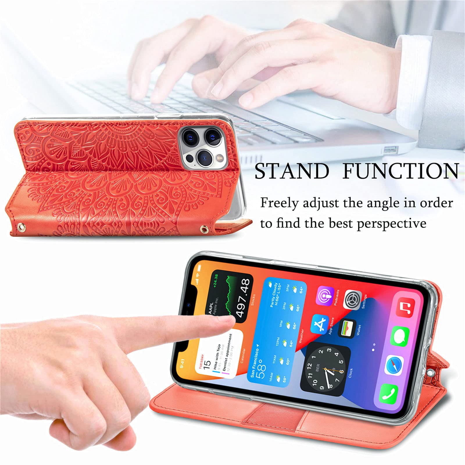 Hülle Für iPhone 13 Mini/13/13 Pro/13 Pro Max, Premium Leder Flip Klappbare Stoßfeste Mit Ständer Und Kartenfächer/Magnetverschluss,Rosa,13 Mini 5.4"