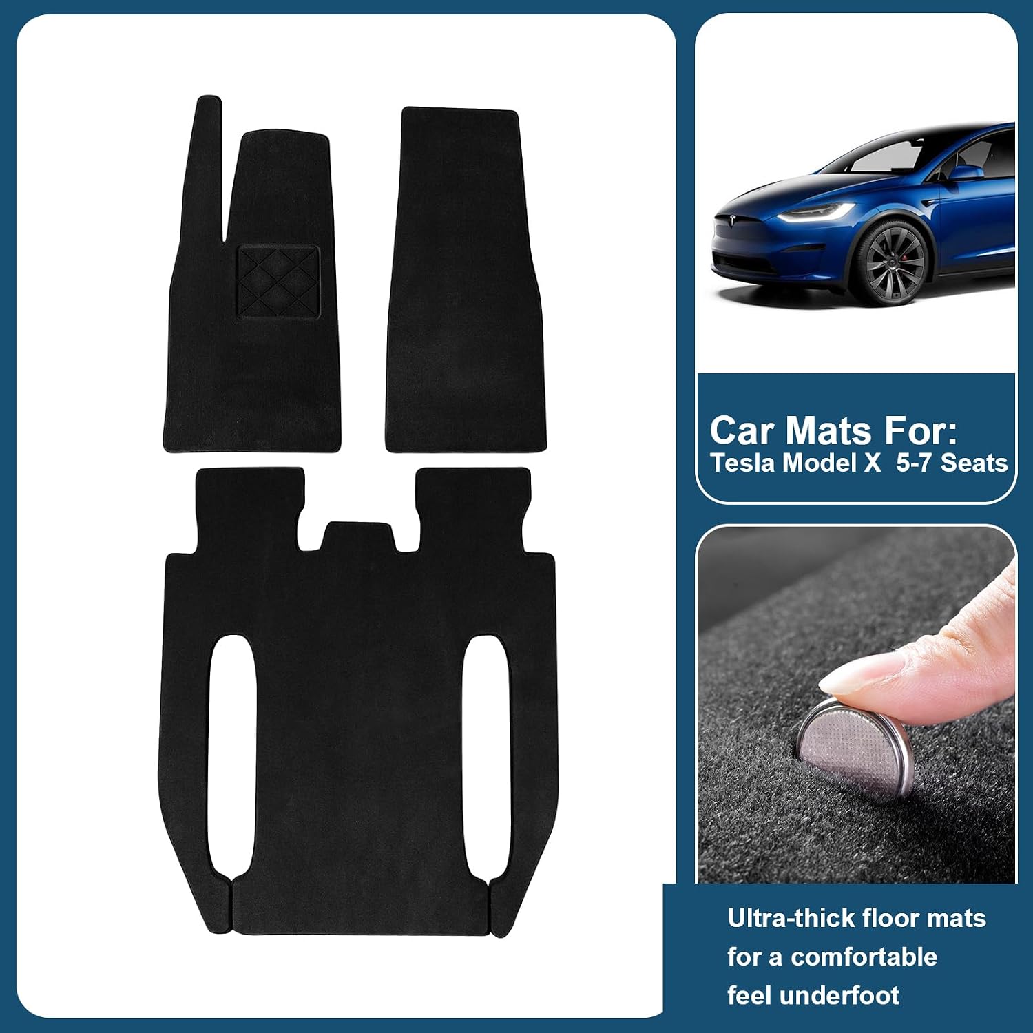 Australian Wool Floor Mats for Tesla Model X 6-Seat 2021-2026, 3-Layer All-Weather, TPE Waterproof Core, 780g Noise-Reduction Felt Backing, 16mm Thick Custom Fit OEM Style 3-Piece Liners, Gray