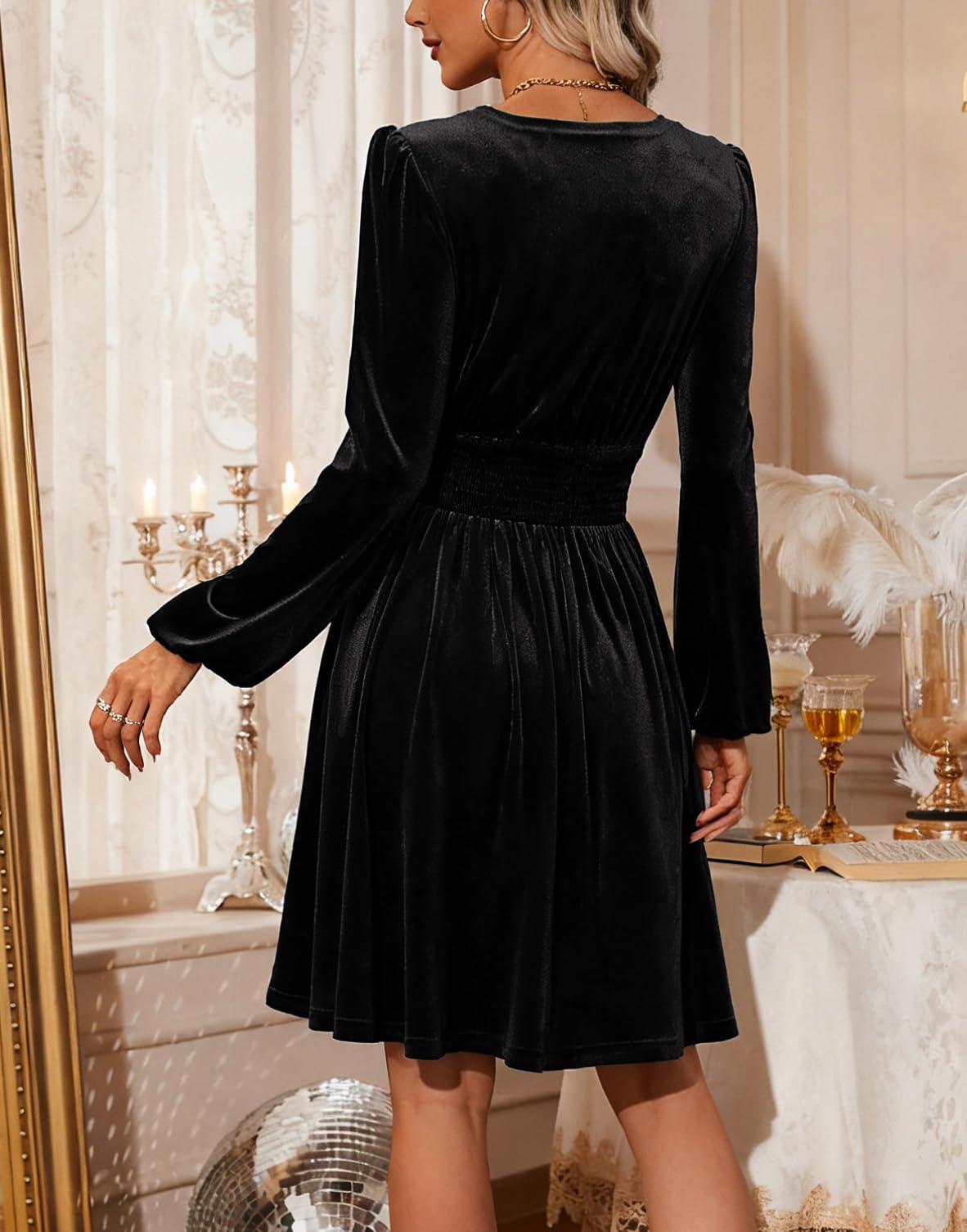 YUTILA Robe en velours pour femme avec col en V et manches longues - Élégante robe de fête, de cocktail, de soirée pour l'automne et l'hiver