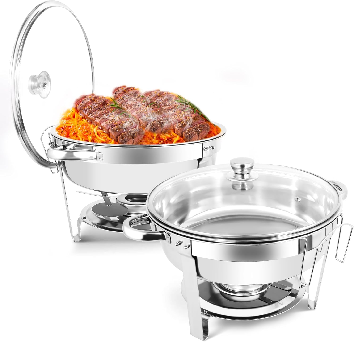 Dervipas 2024 5QT Chafing Dish Buffet Set, Stainless Steel Round Chafers for Catering with Glass Viewing Lid & Lid Holder, Buffet Servers and Warmers Set for Parties Catering and Dinners (5QT 2PACK)