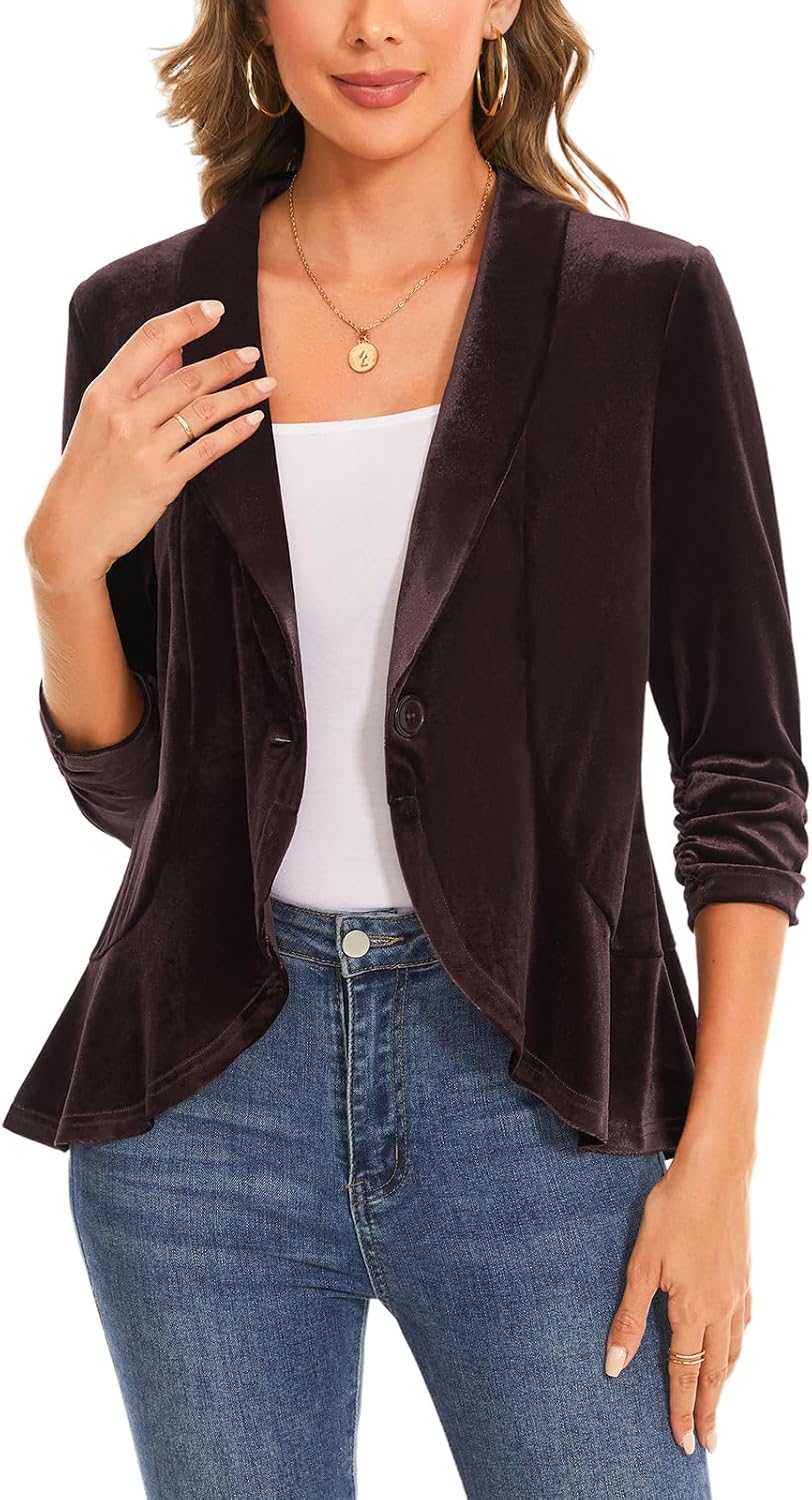 MINTLIMIT Women's Velvet Blazer Ruched 3/4 Sleeve Shawl Lapel Button Front Ruffle Tailored Cardigan Suit Jacket Blazer