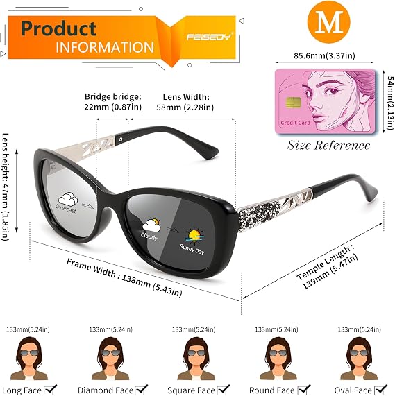 FEISEDY Polarized Women Sunglasses Retro Shades Photochromic Lens Sparkling Crystal Sunglasses UV400 Protection B0144