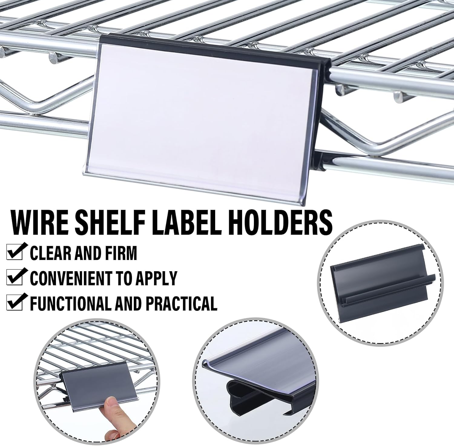 Kathfly 100 Pcs Wire Shelf Label Holders Compatible with Metro 1-1/4in Shelves, Plastic Wire Rack Label Holder 3 l x 1.25 H Price Tag Shelf Clips On, Black