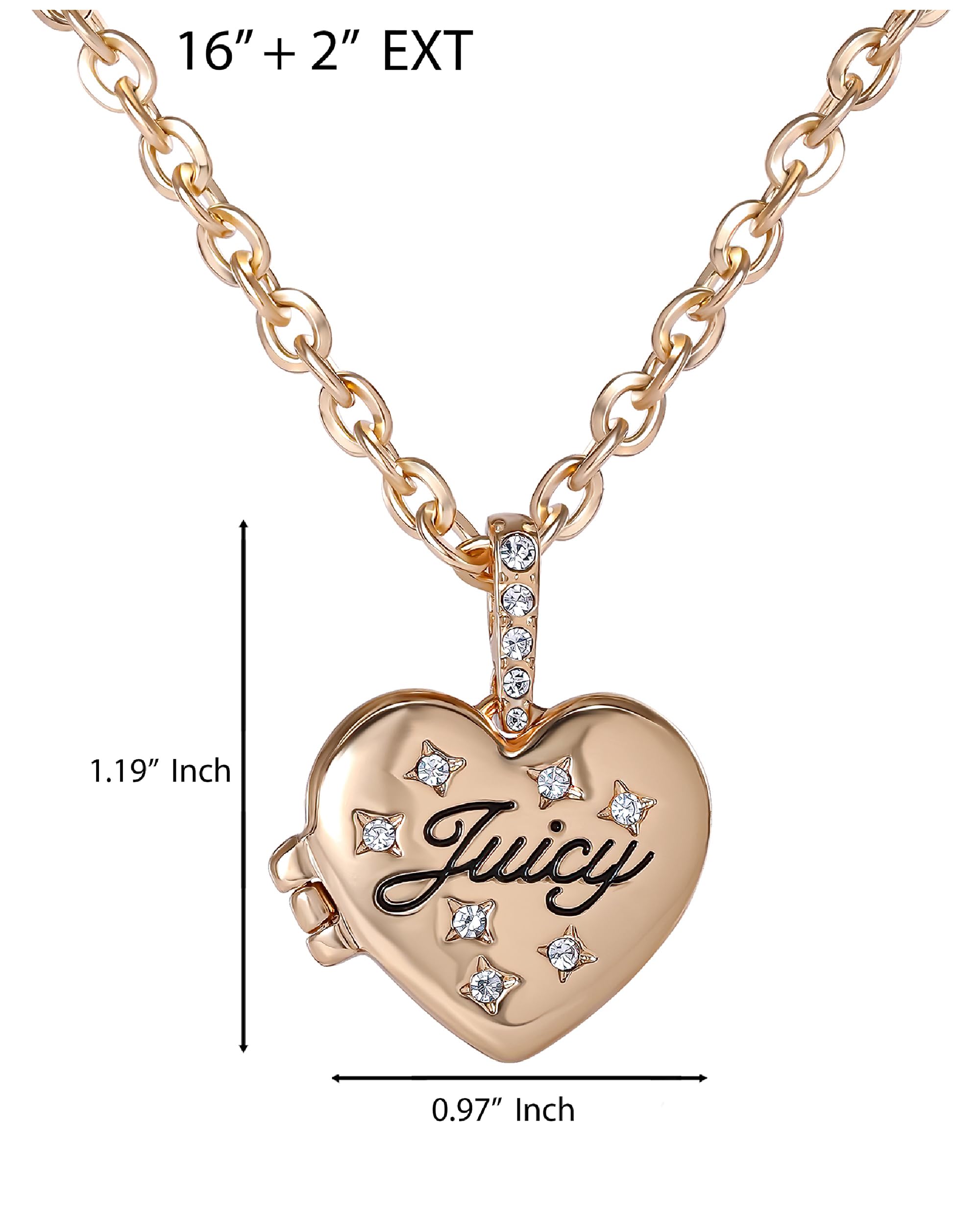 Juicy Couture Heart Locket Necklace for Women 18"+2", Gold-Tone Constellation Heart Necklace with Clear Stones and Logo
