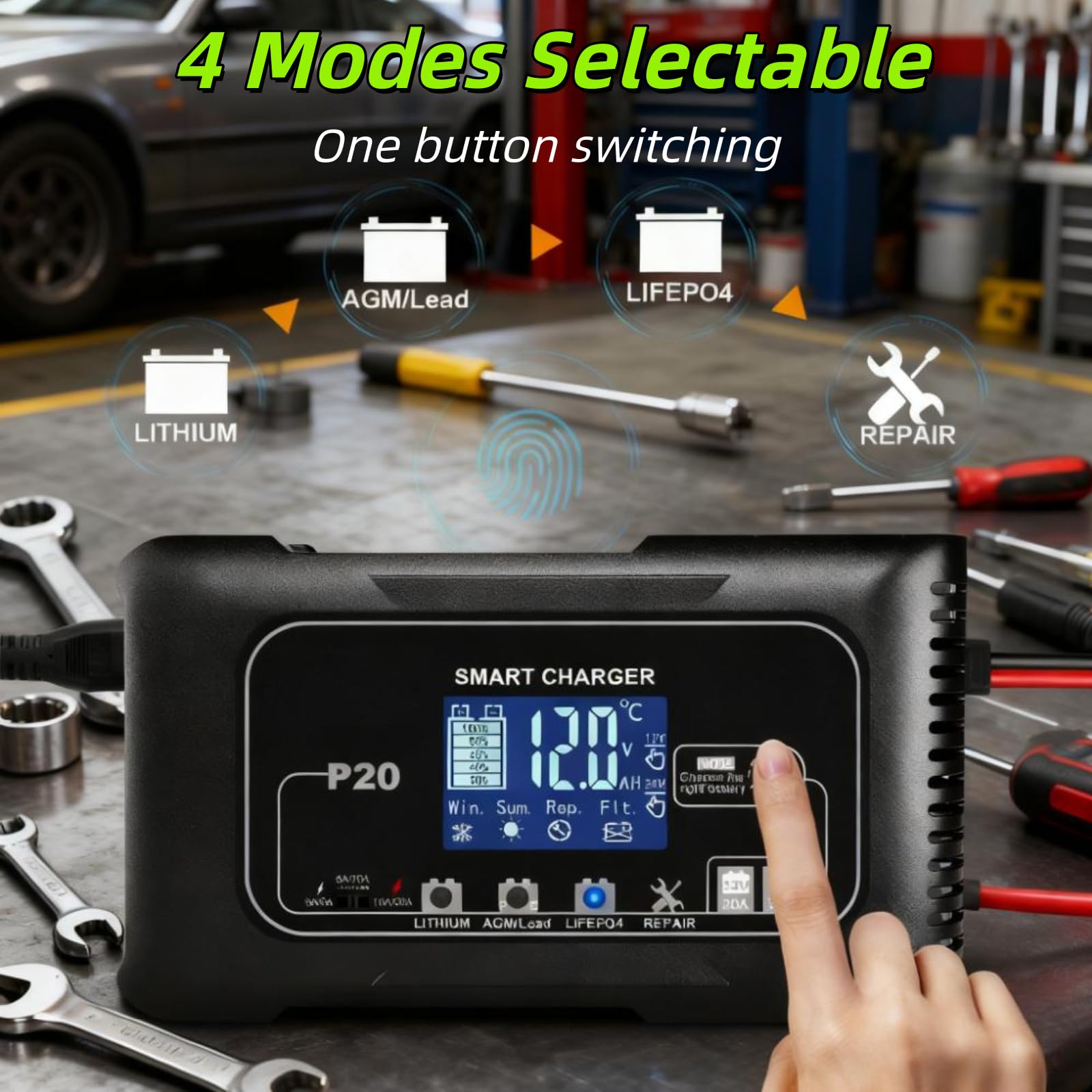 Inteligentna ładowarka i podtrzymywacz akumulatorów 12V/24V 20A, ładowarka P20 4-trybowa litowo-AGM/kwasowo-ołowiowa/LiFePO4 z ekranem LCD i funkcją naprawy impulsowej, do samochodów, motocykli, łodzi