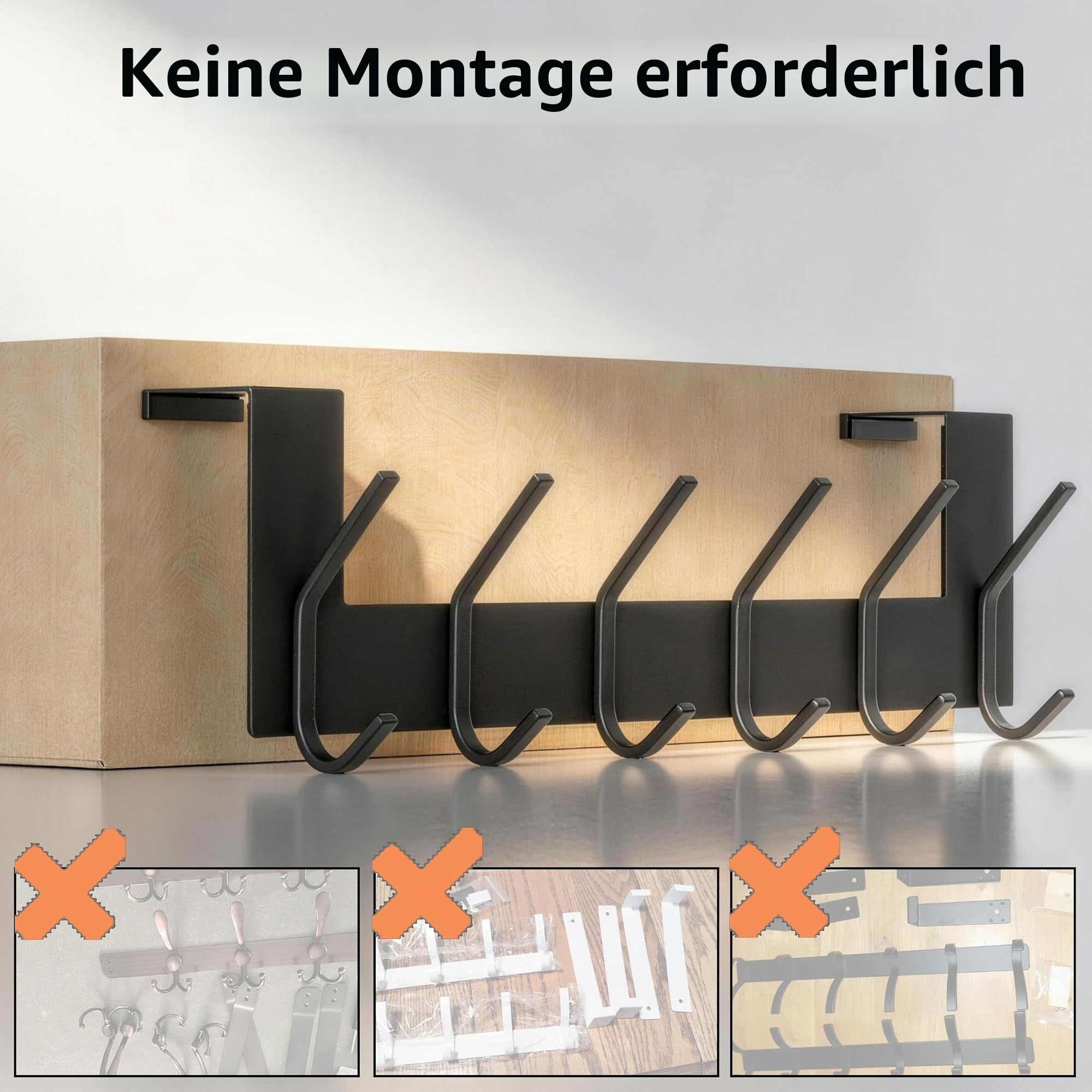 Dseap Türhaken – für Tür bis 4,5cm Dicke, Edelstahl Türgarderobe Türhakenleiste Türaufhänger Kleiderhaken Tür Zum Einhängen Kleidung Hut Handtuch Mantel, Mit 6 Flachen Haken, Schwarz