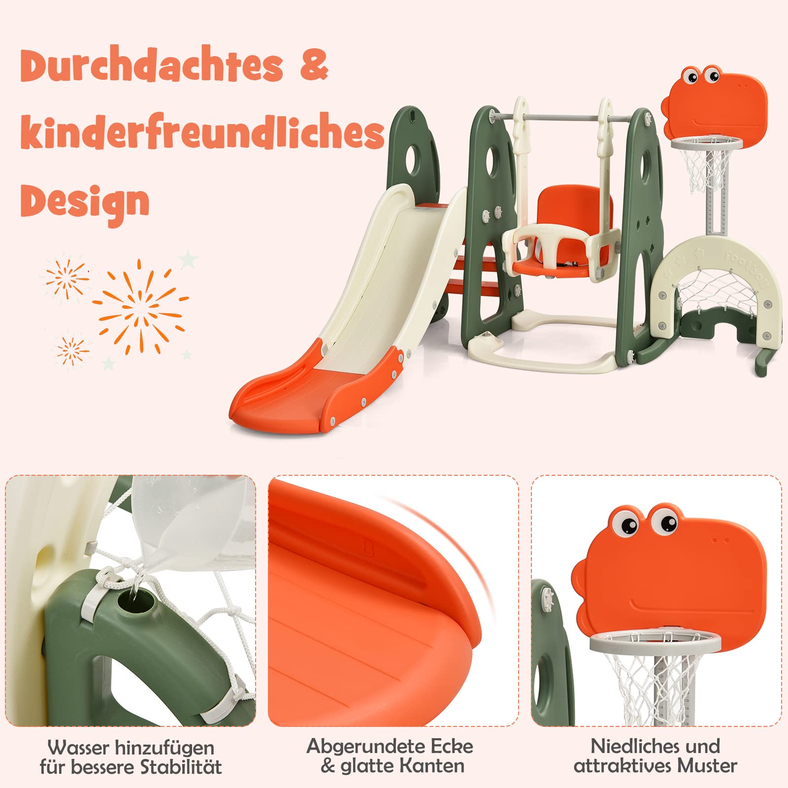 DREAMADE 5 in 1 Kinderrutsche mit Schaukel und Basketballkorb Fußballtor Golfloch, Kinder Rutsche- und Schaukelset, Kinder Spielplatz für Indoor und Outdoor (Orange)