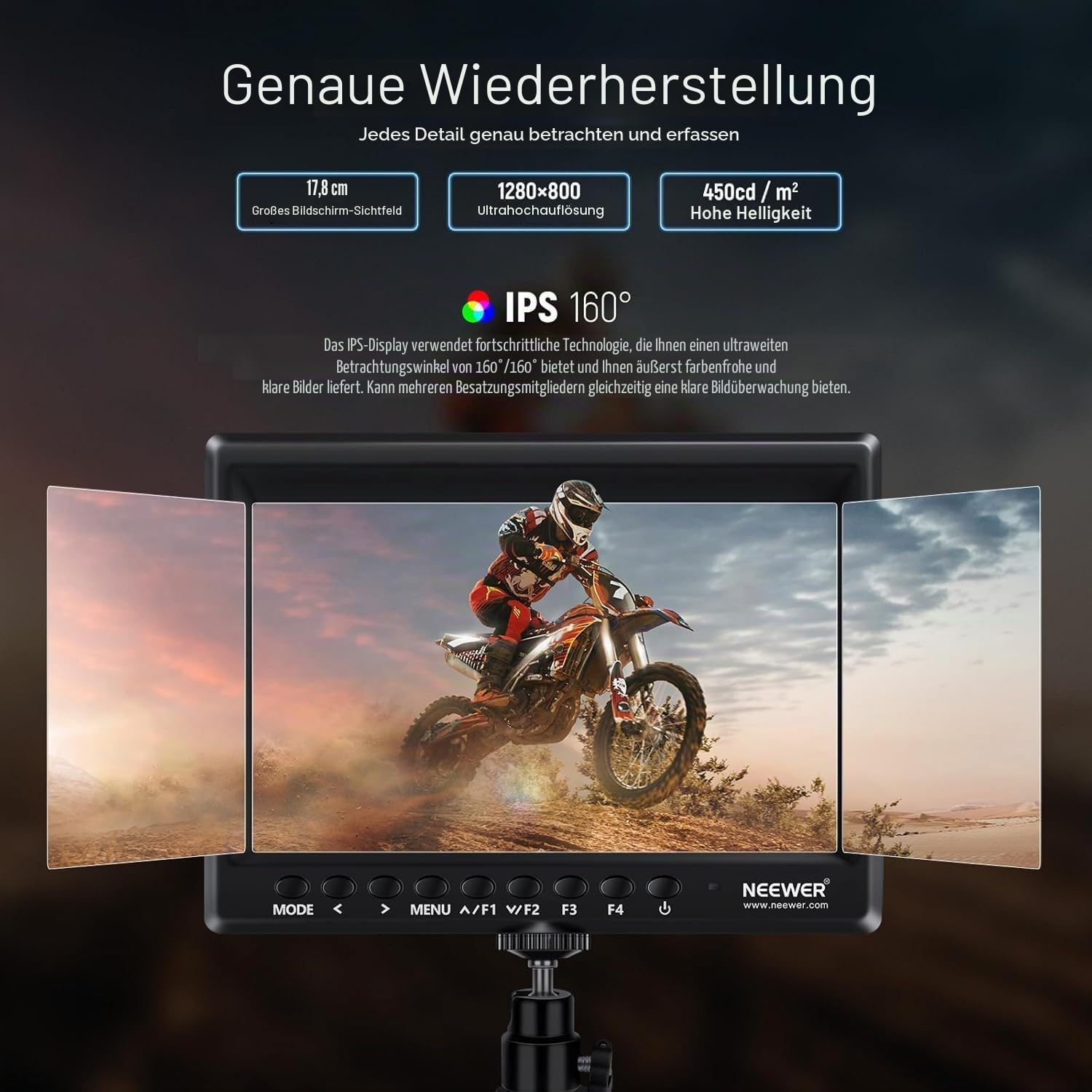 NEEWER 7Zoll Kamera Feldmonitor, HD Videoassistent IPS 1280 x 800 HDMI 1080p mit 4400mAh F750 Akku, Sonnenblende und 360° Kugelkopf für DSLR Camera, Handstabilisator, Film Video Erstellungsgerät, F100