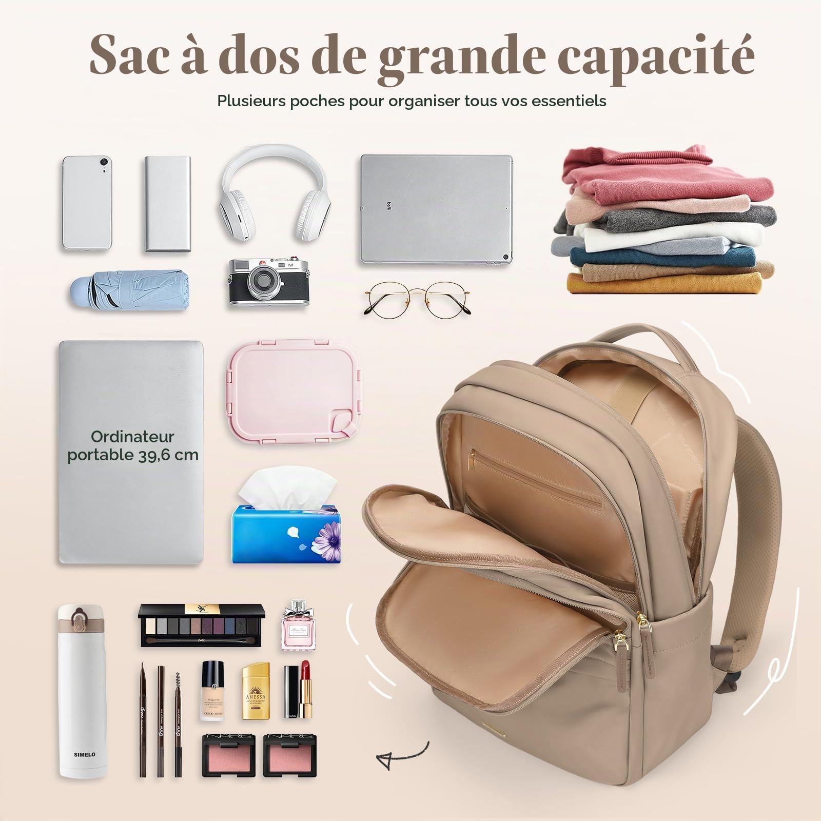 GOLF SUPAGS Sac à Dos pour Ordinateur Portable de 15.6 Pouces, Multifonctionnel Sac a Dos Femme Voyage, Sac a Dos Avion, Sac à Dos Collège, pour Voyage, Travail, Université (Champagne)