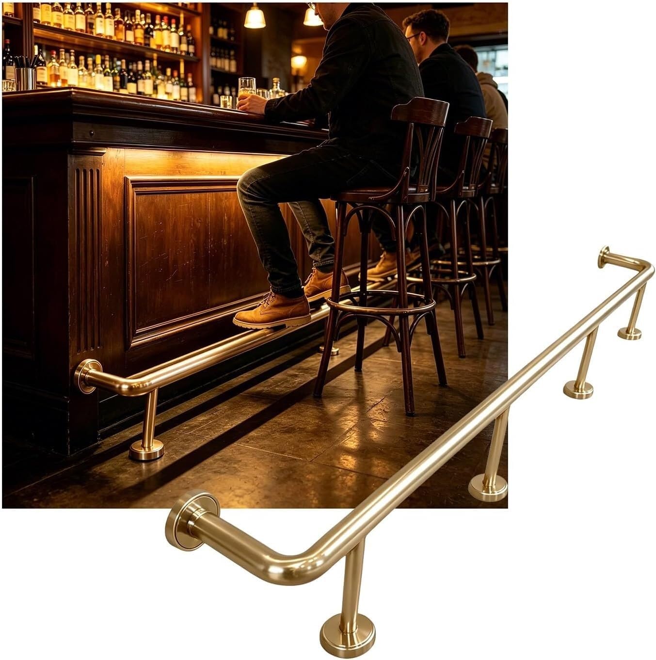 Hgouhk Champagne Gold Bar Foot Rail Kit 3.28~16.4Ft Bar Foot Rail Kit，Stainless Steel Brackets For Restaurant Kitchen Library Counter(,3.8M/12.47Ft)