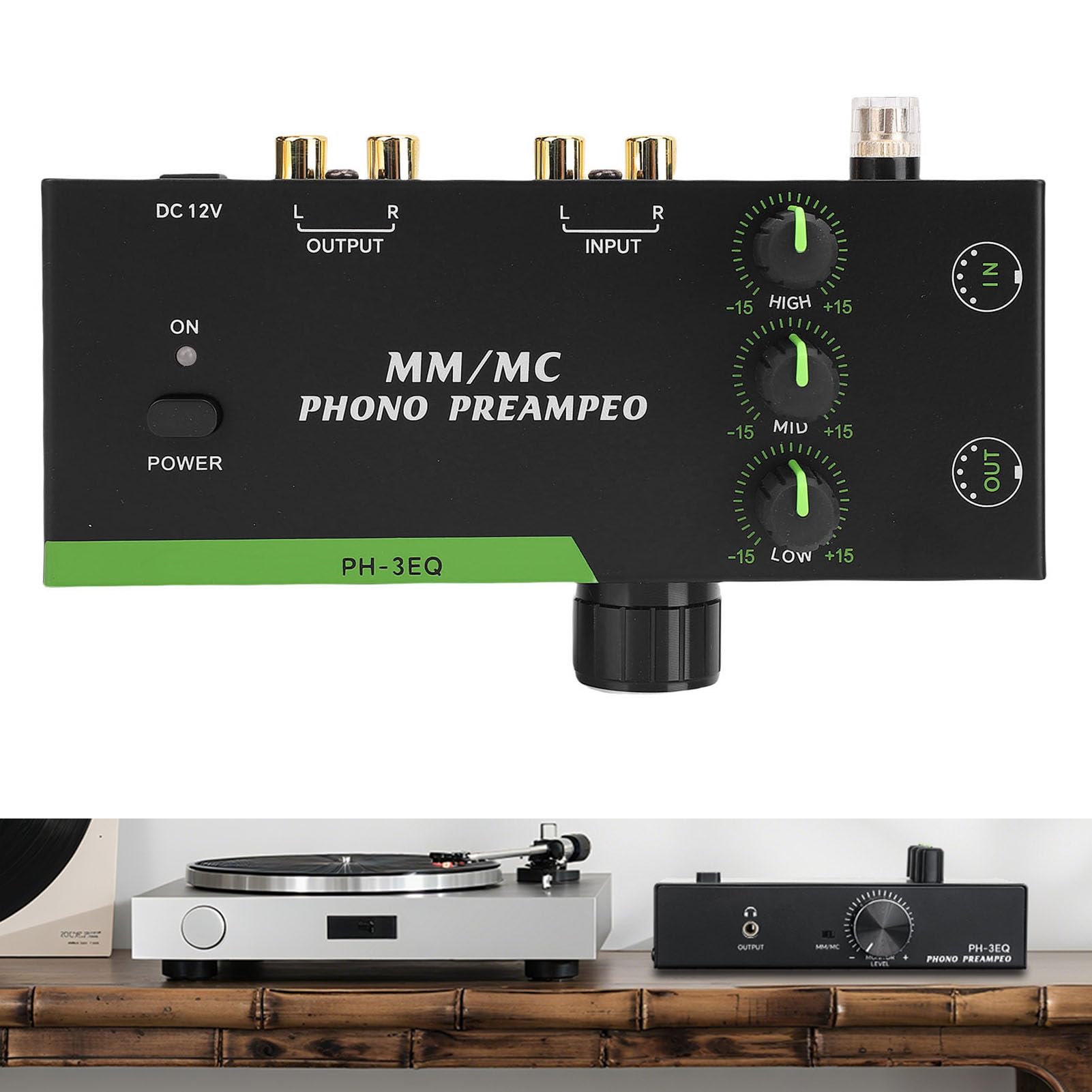 Yosoo Health Gear Preamplificatore Fono Mm MC, con Uscita XLR a 5 Pin e 3,5 Mm, Mini Preamplificatore Fonografico Stereo per Giradischi, Equalizzatore HiFi a 3 Bande per Altoparla (Spina europea)