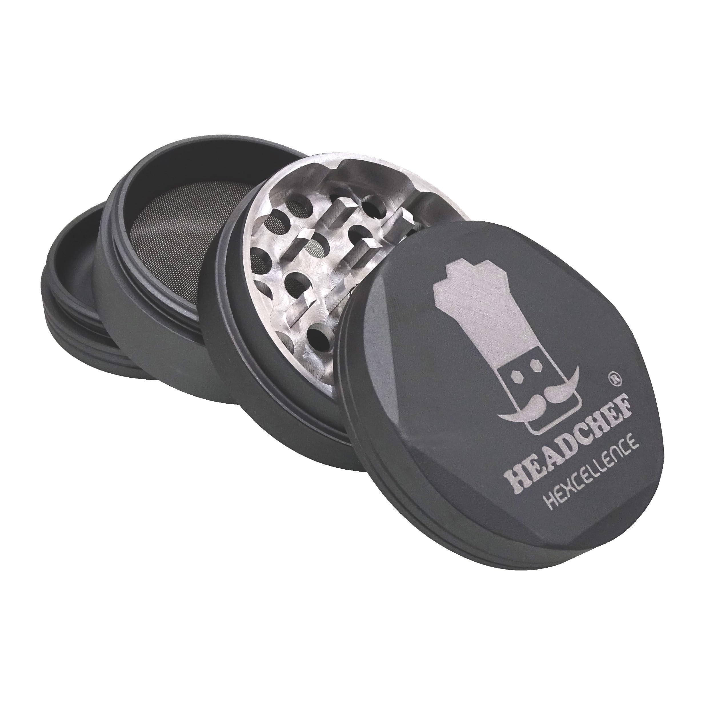 Hexcellence Silk Touch Metal Herb Grinder with Sifter - 4 Piece, 55mm (Grey) - Image 2