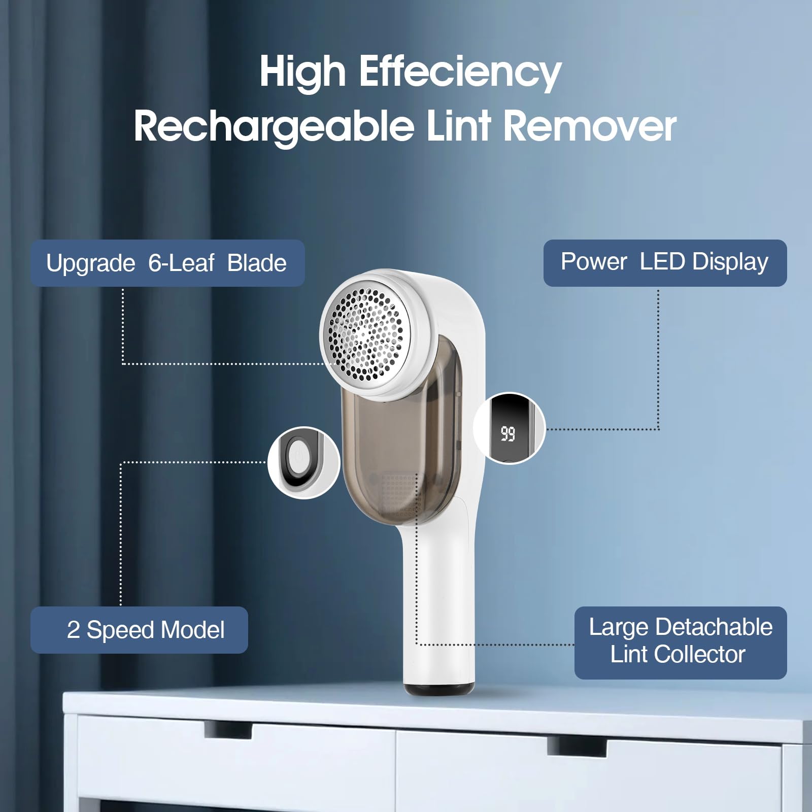 Rasoio elettrico per tessuti, ricaricabile tramite USB, con 6 lame, 2 velocità, per rimuovere peli e pelucchi da vestiti, mobili, divani e coperte, con display a LED