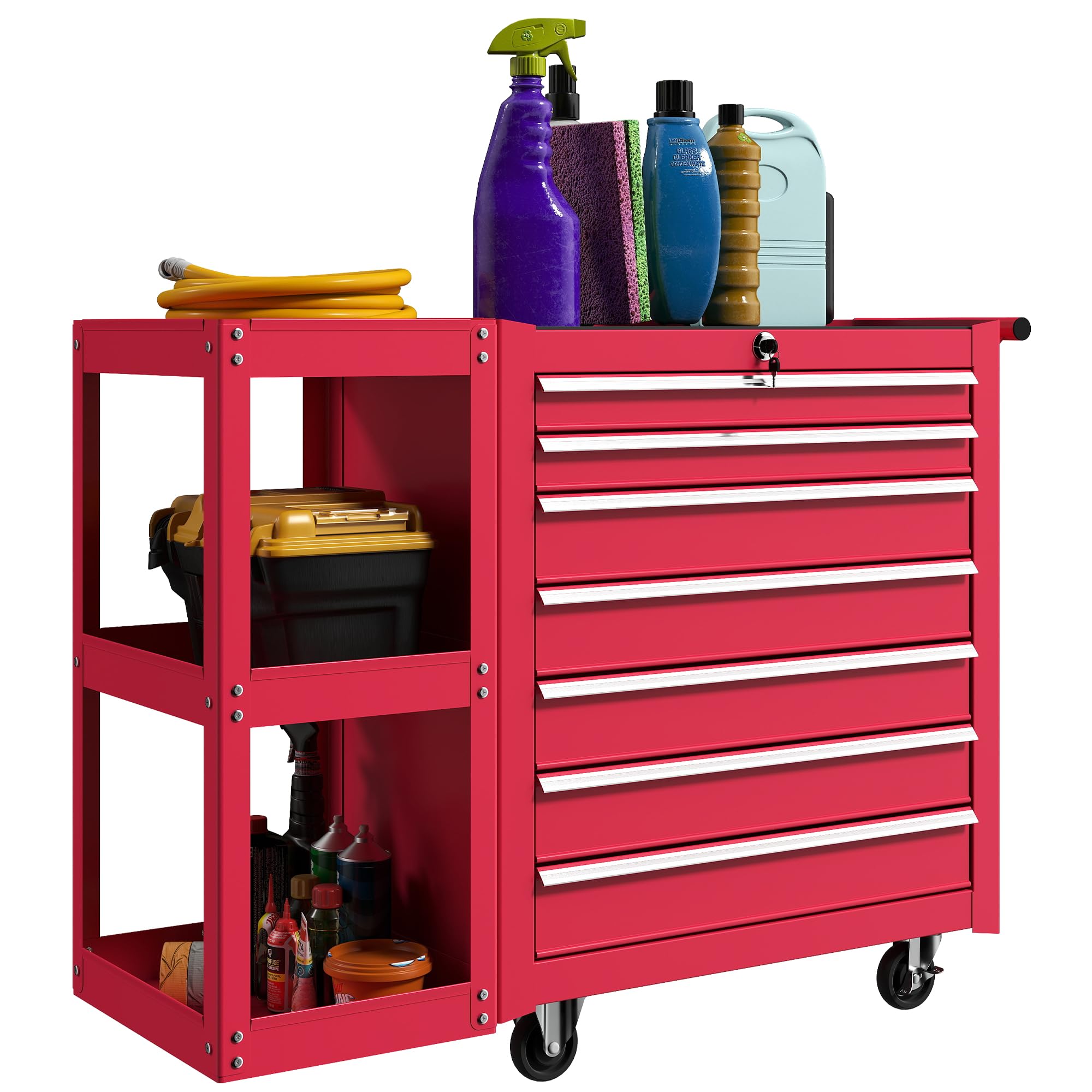 HOMCOM Carro de Herramientas con 7 Cajones, Carro de Taller con Estantería de 3 Niveles Desmontable, Sistema de Cierre Central, Asa, 2 Ruedas con Freno de Bloqueo, Rojo