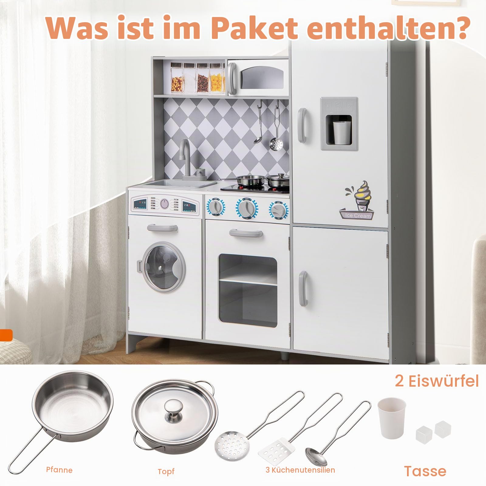HOMASIS Spielküche mit Zubehör, Kinderküche Holz mit Herd Spüle Wasserhahn Mikrowelle Ofen Waschmaschine, Spielzeugküche mit Licht & Sound, Küchenspielzeugset für Kinder ab 3 Jahren (Weiß, Modell 1)