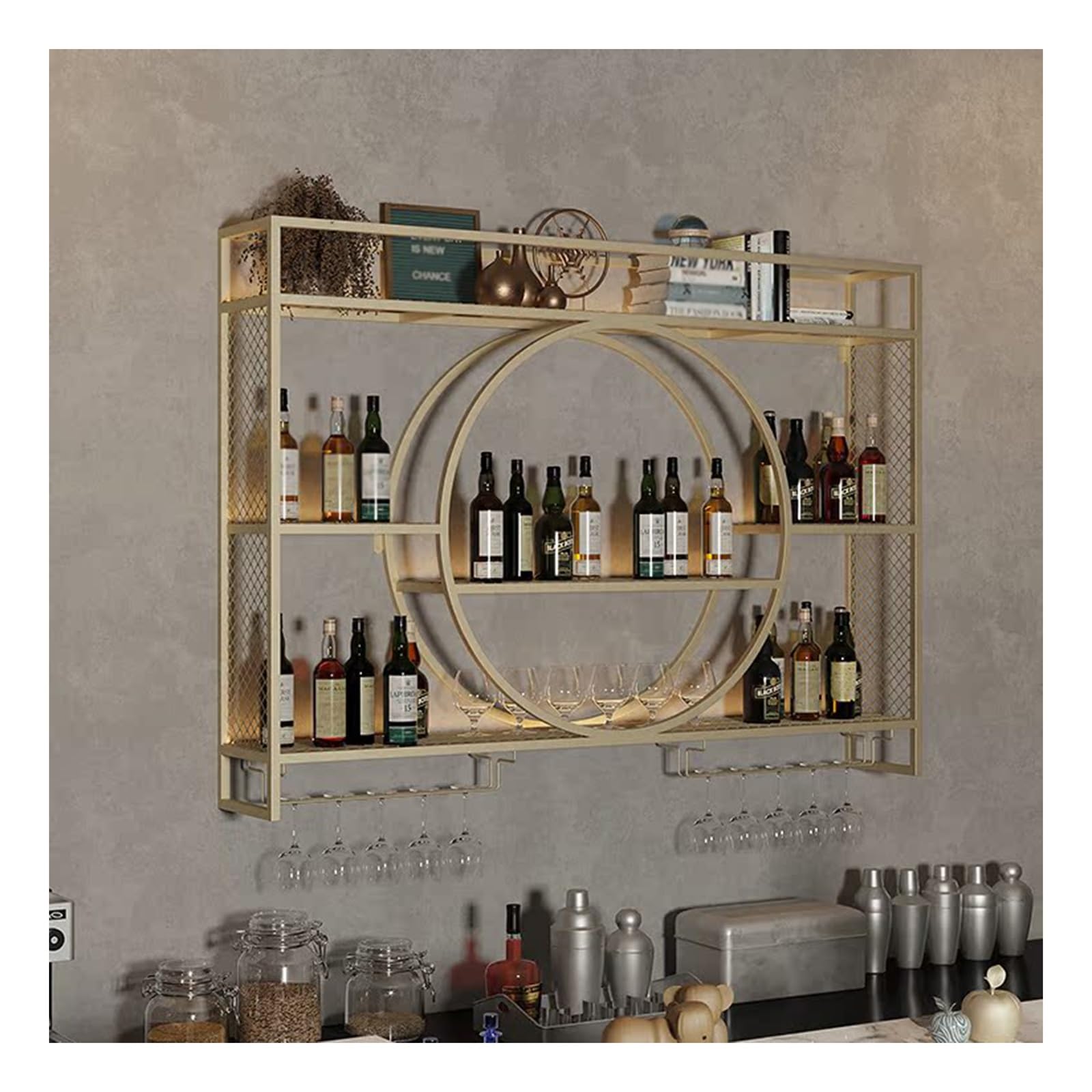 Casier à vin mural moderne métal 3 niveaux étagère rangement bouteilles et verres suspendu