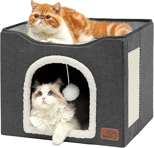 Miniatura 28 de Bedsure Camas para gatos de interior – Cueva grande para gatos para casa de gatos con bola esponjosa para colgar y almohadilla para rascar, Negro