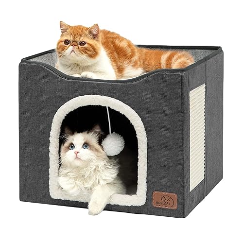 Bedsure Cat Beds for Indoor Cats - Large Cat Cave for Pet Cat House with Fluffy Ball Hanging and Scratch Pad, Foldable Cat Hideaway, 16.5x16.5x13 inches, Dark Grey