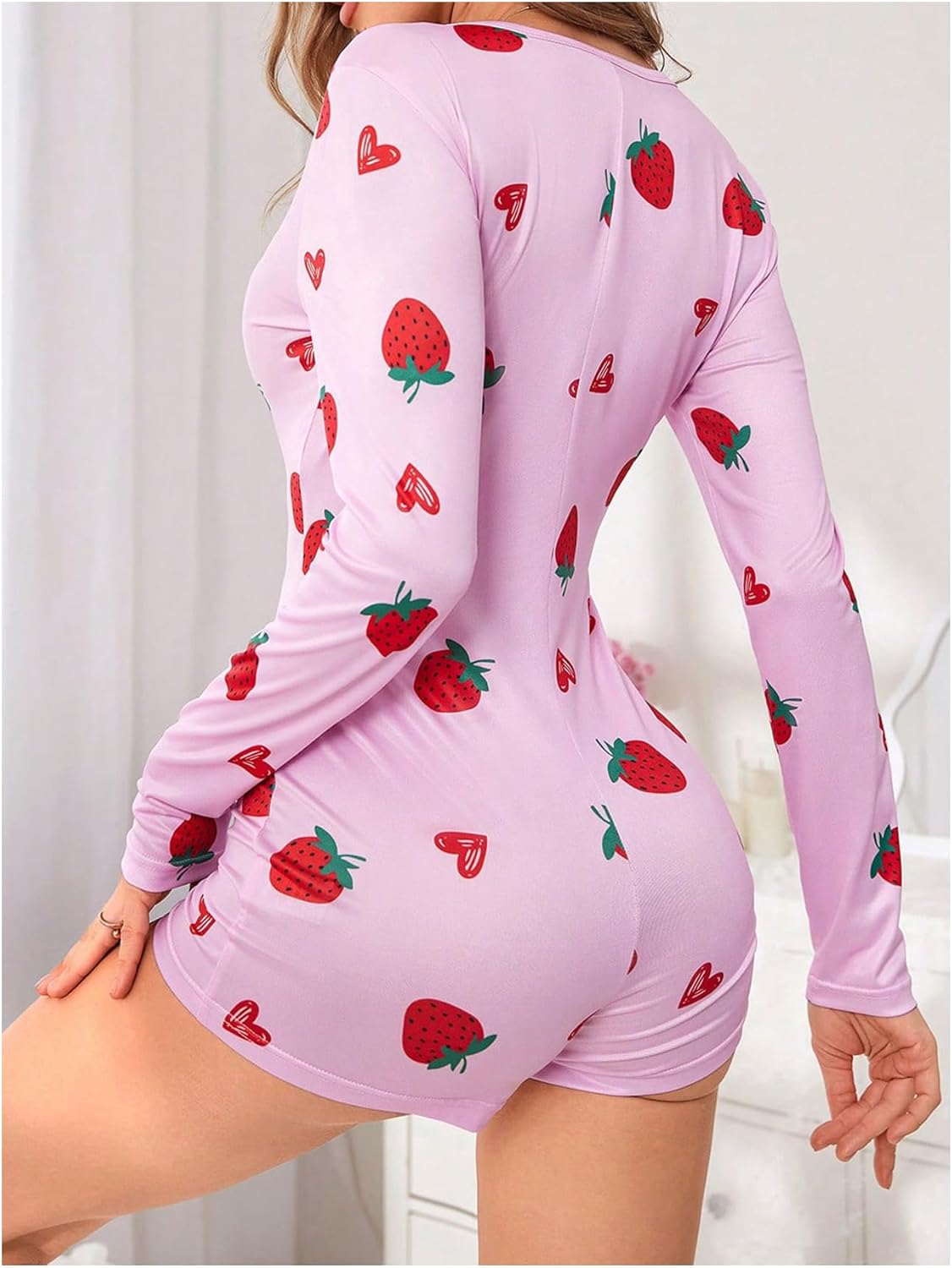 WDIRARA Women's Cow Graphic Print Romper Pajama V Neck Long Sleeve Button Front Sexy Onesie - Image 2