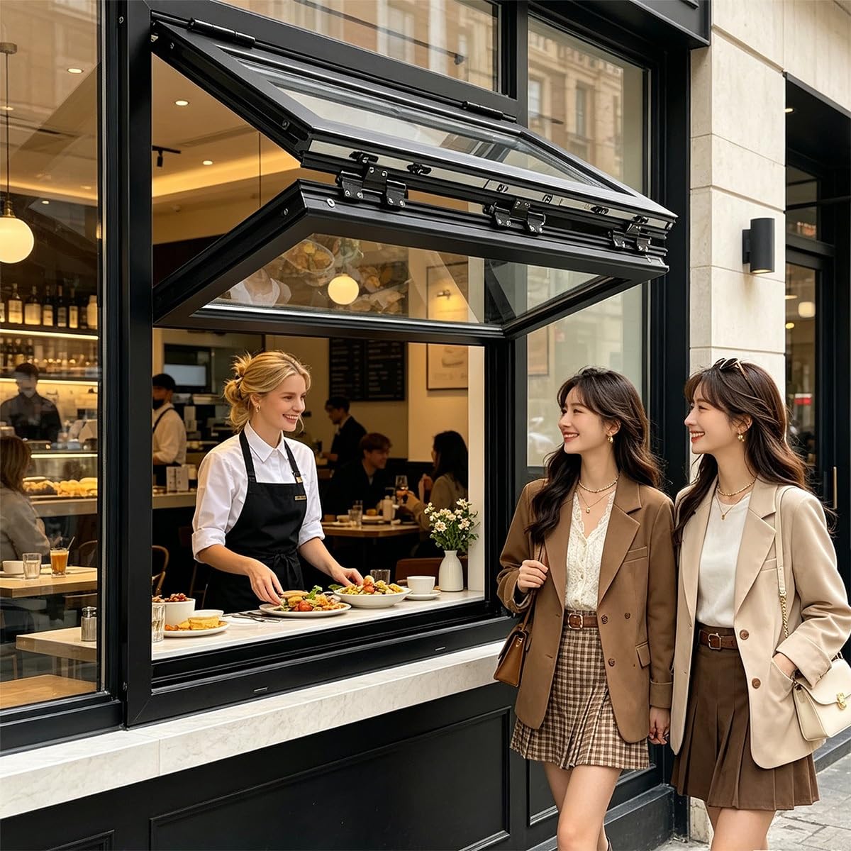Premium vertikal faltende Verkaufsfenster aus Aluminiumlegierung mit verschließbares Fenster für Imbisswagen, Wohnmobile, Küchen und Gastronomiebetriebe(Black,36x60in/91.5x152.4cm)