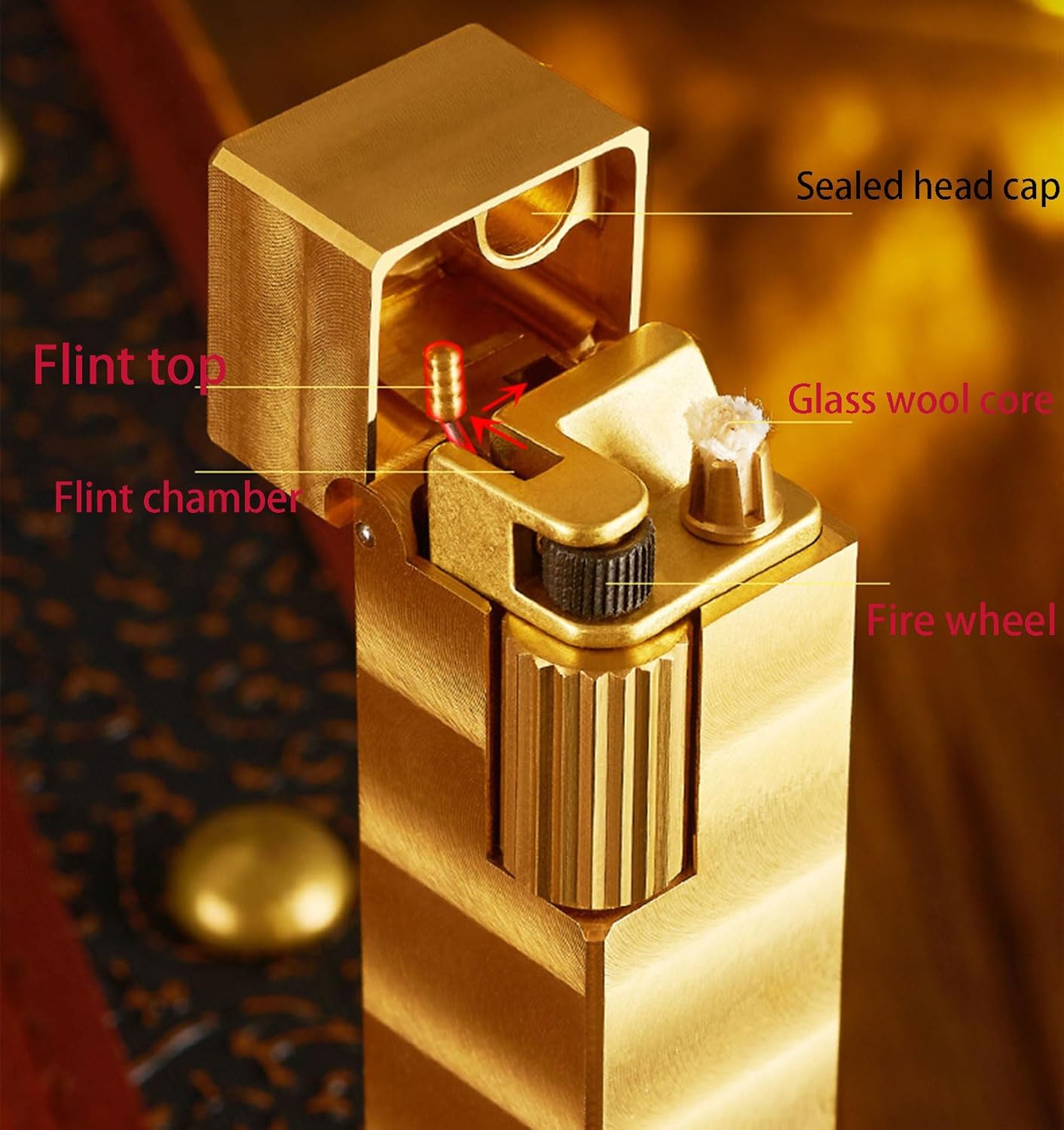 TARVIT Vintage Lighter， Flip Soft Flame Lighter， Grinding Wheel Brass Kerosene Lighter, Antique refillable lighters for Cigarette Ladies' Men's Gifts (Color : Gold Brushed)