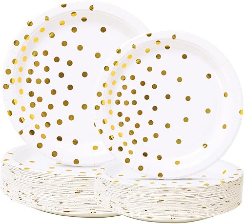 White and Gold Paper Plates - 100 Pieces Gold Dot Disposable Party Plates - Gold Party Supplies for Wedding Bridal Shower Baby Shower Holiday Parties