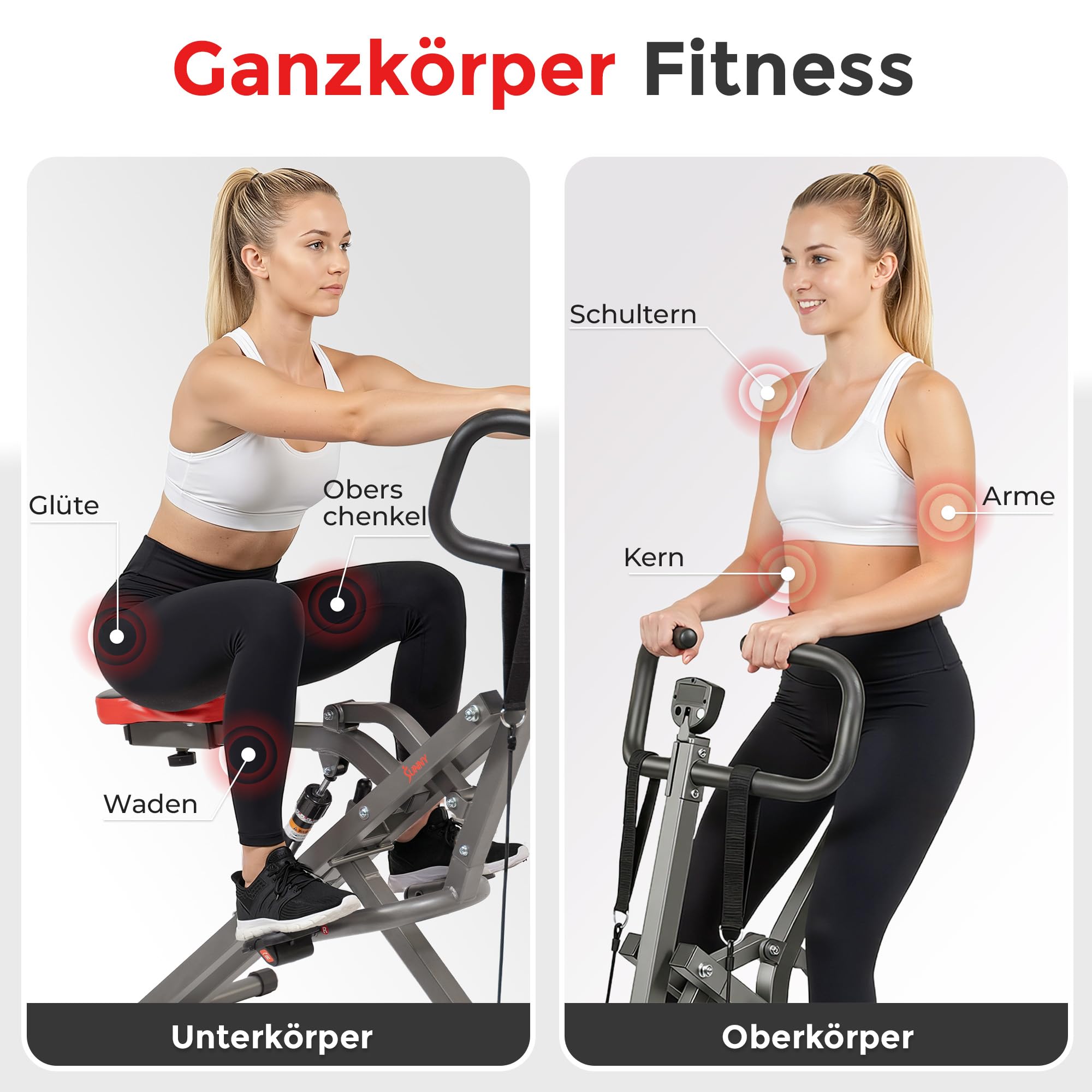 Sunny Health & Fitness Row-N-Ride PRO Ganzkörper Squat Trainingsgerät mit Optionale Widerstandsband, Einfach Aufzubauende Bauch und Ganzkörper Cardio Trainingsgerät für Zuhause, Optionale SunnyFit App