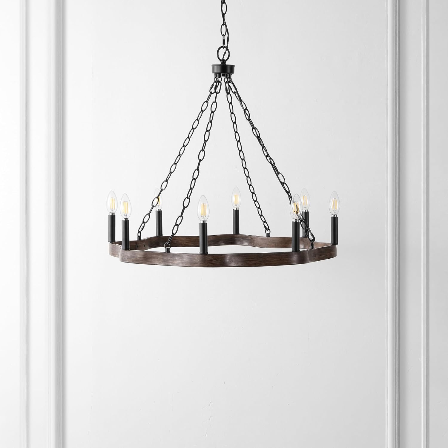 SAFAVIEH Lighting Collection Brookville Black/Brown 8-Light Round Wagon Wheel Hanging Adjustable Chandelier Light Fixture (LED Bulbs Included)